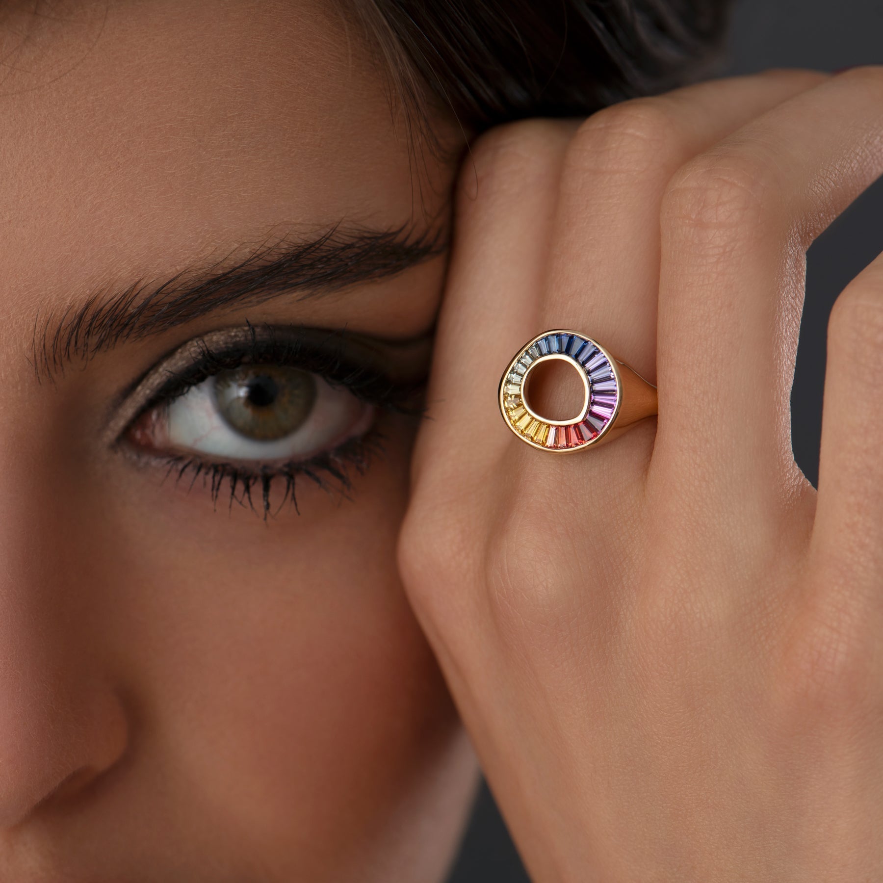 Rainbow Multi Color Sapphire Baguette Sphere Ring - GeumJewels