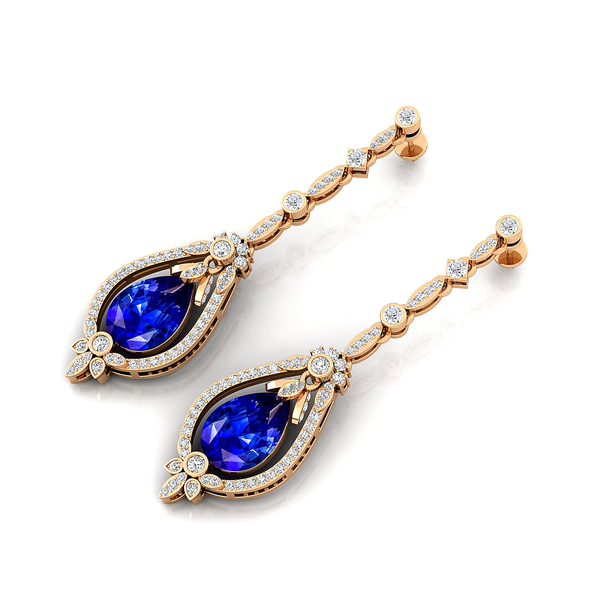 Art Deco Style Pear Shaped Blue Sapphire Diamond Drop Earrings - GeumJewels