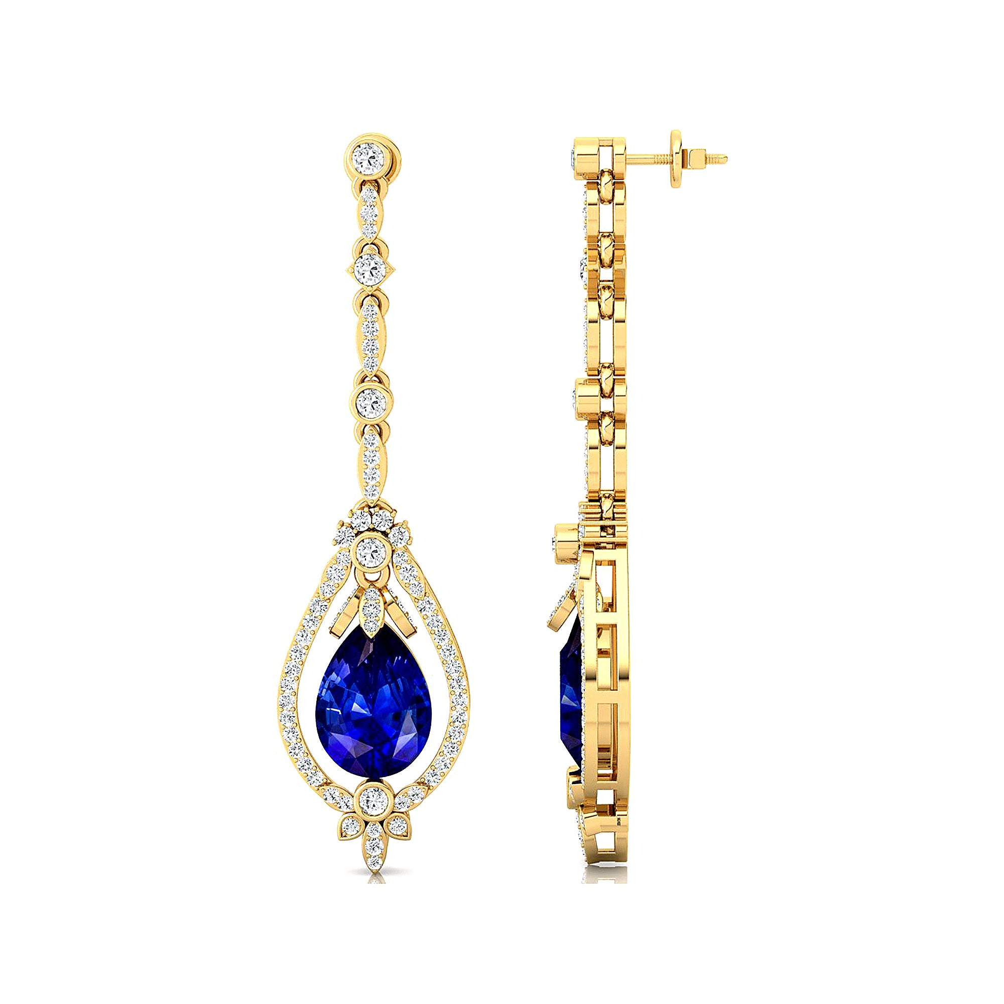 Art Deco Style Pear Shaped Blue Sapphire Diamond Drop Earrings - GeumJewels