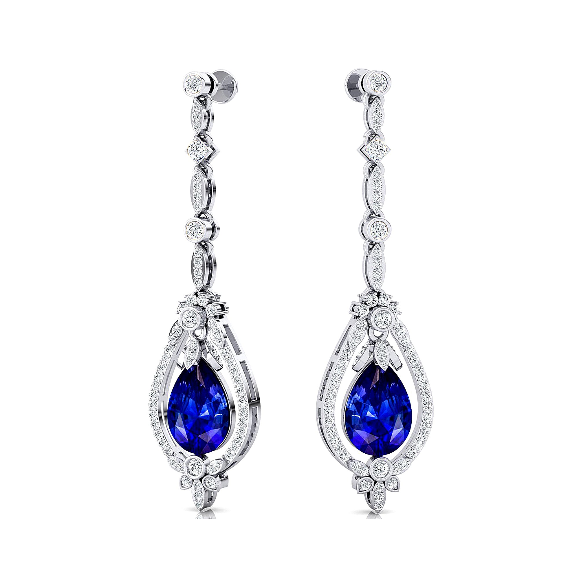 Art Deco Style Pear Shaped Blue Sapphire Diamond Drop Earrings - GeumJewels