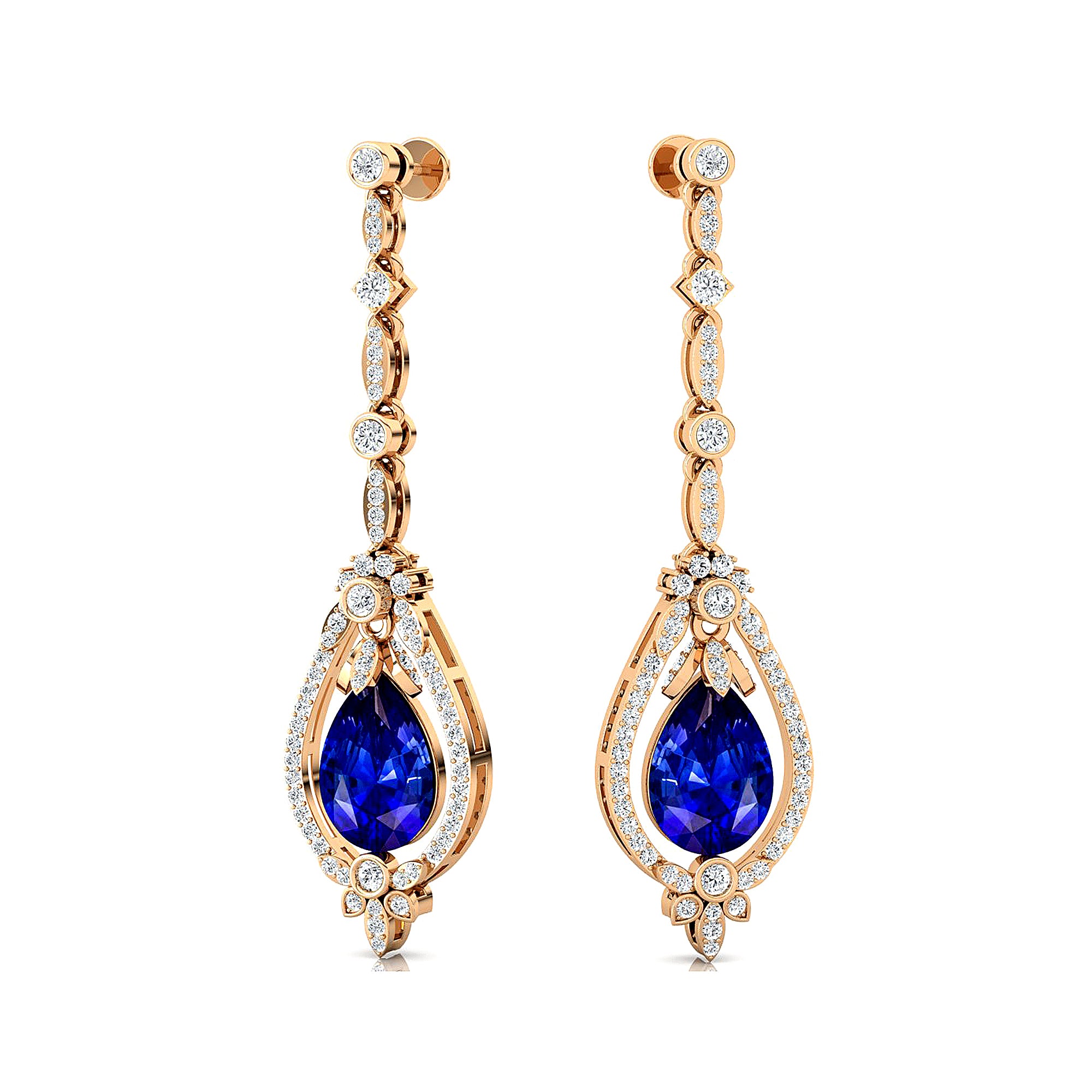 Art Deco Style Pear Shaped Blue Sapphire Diamond Drop Earrings - GeumJewels