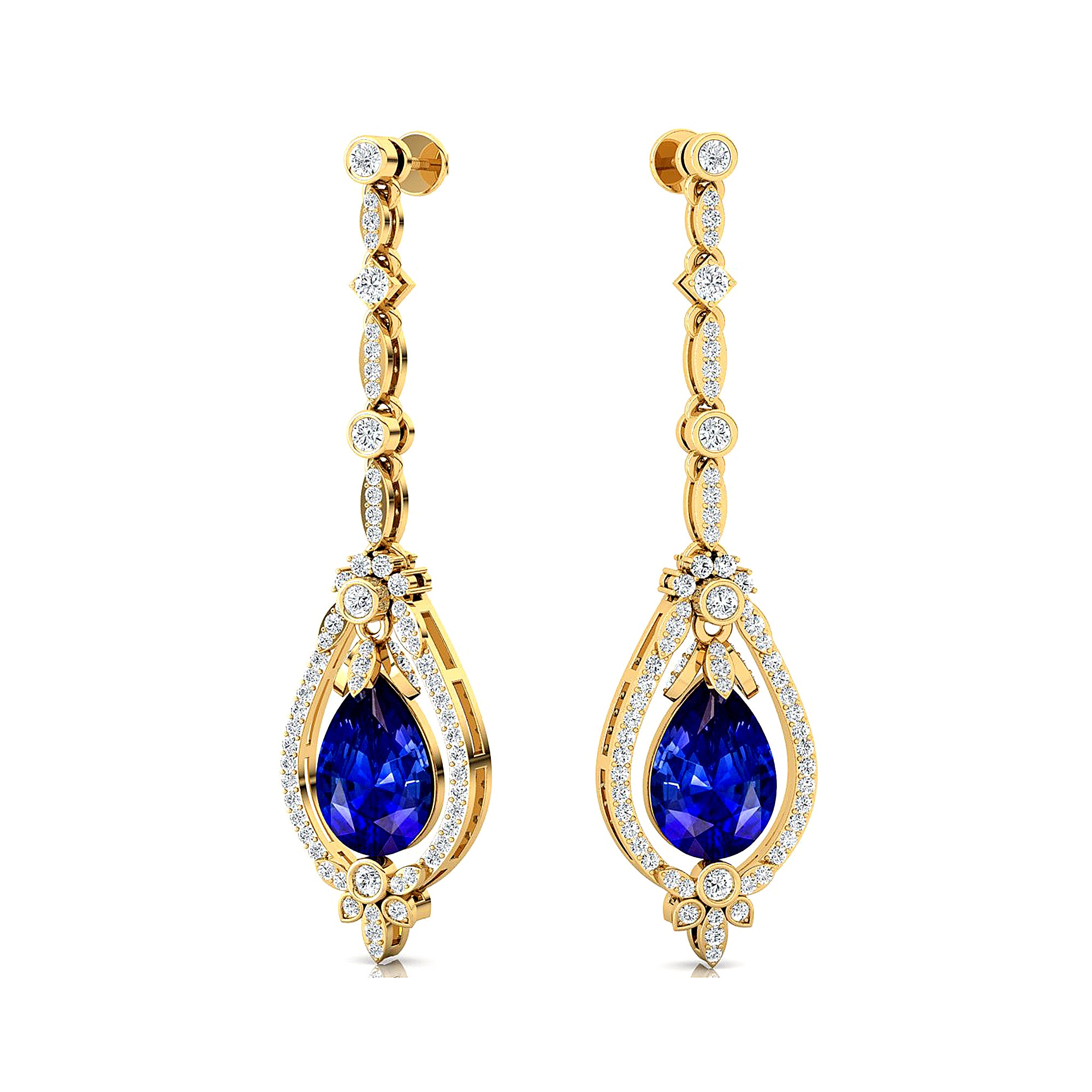 Art Deco Style Pear Shaped Blue Sapphire Diamond Drop Earrings - GeumJewels