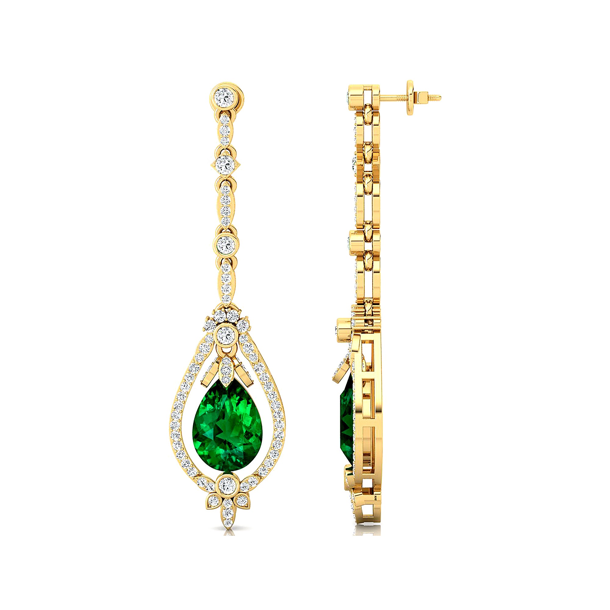 Art Deco Style Pear Shaped Emerald Diamond Drop Earrings - GeumJewels