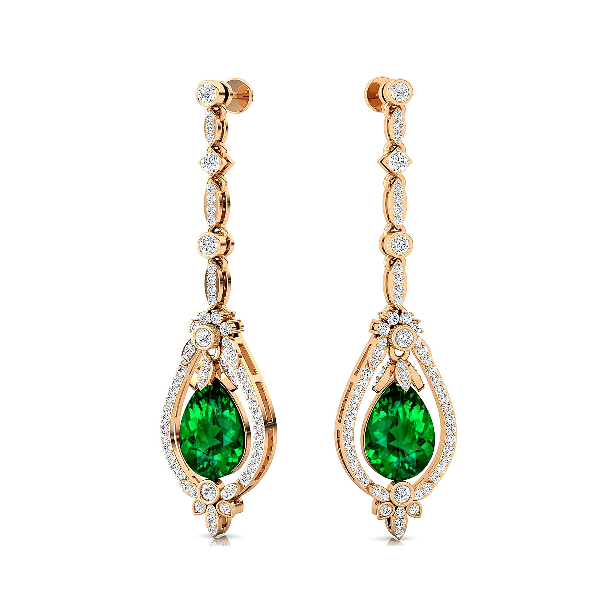Art Deco Style Pear Shaped Emerald Diamond Drop Earrings - GeumJewels