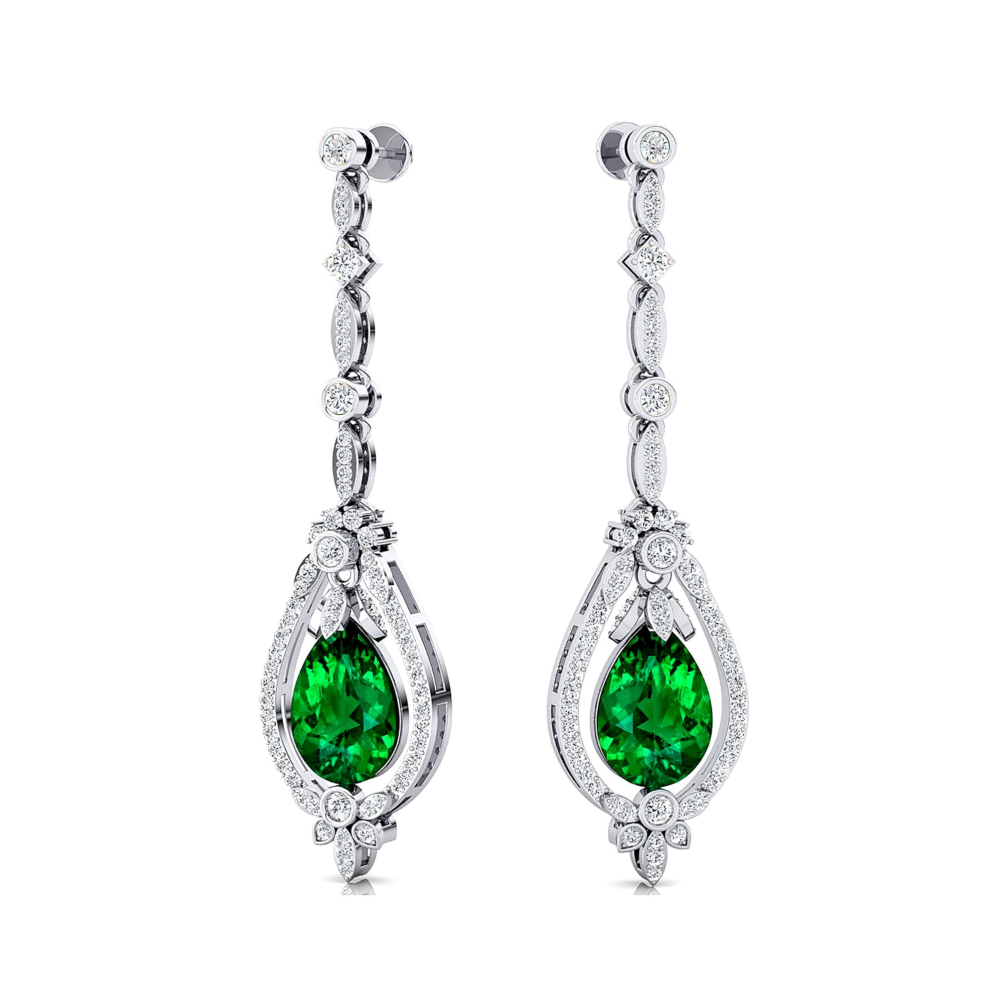 Art Deco Style Pear Shaped Emerald Diamond Drop Earrings - GeumJewels