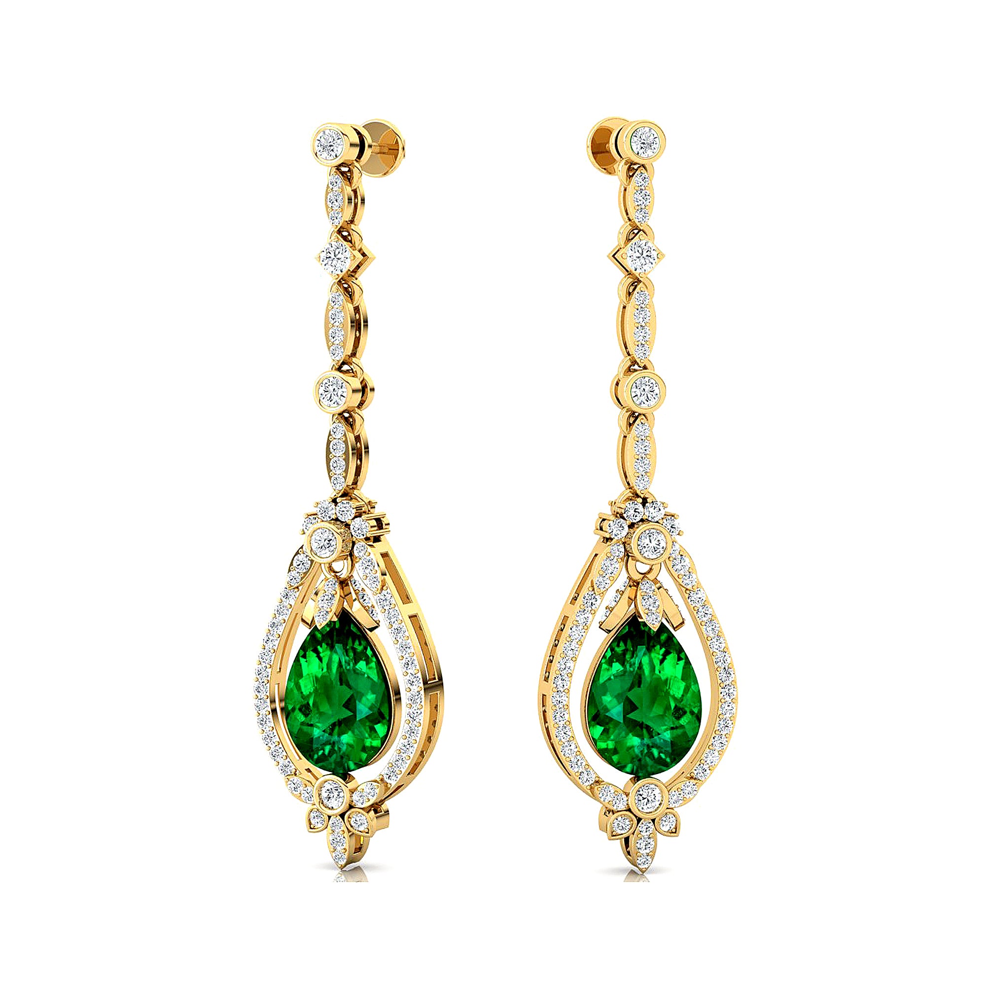 Art Deco Style Pear Shaped Emerald Diamond Drop Earrings - GeumJewels