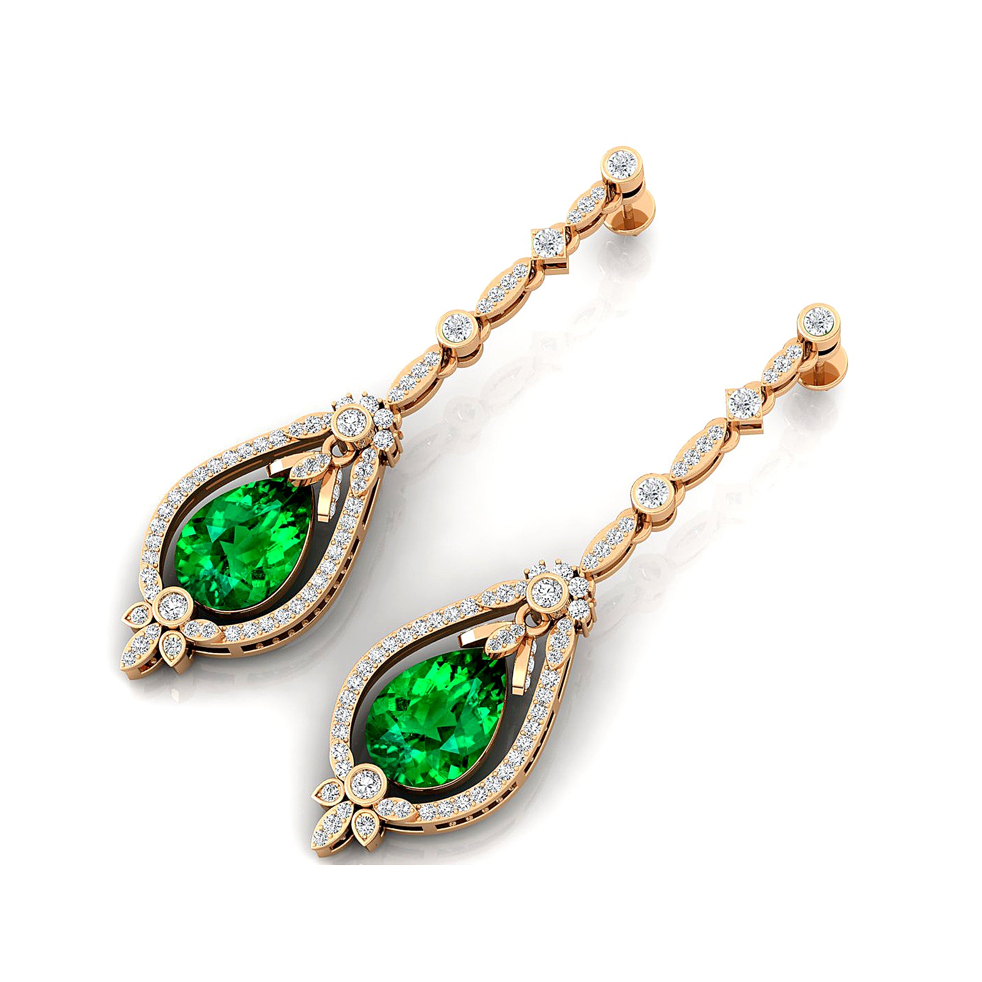 Art Deco Style Pear Shaped Emerald Diamond Drop Earrings - GeumJewels