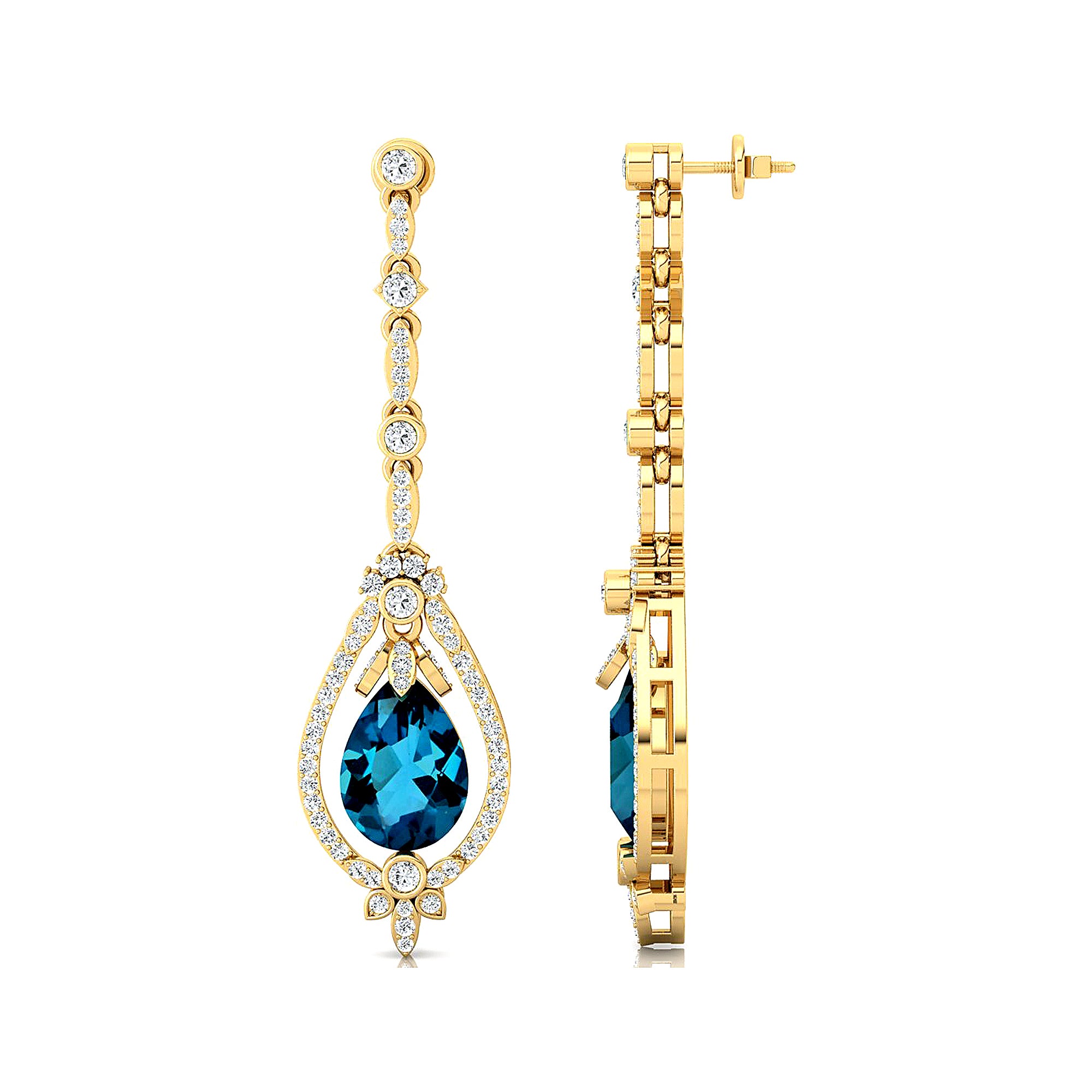 Art Deco Style Pear Shaped London Blue Topaz Diamond Drop Earrings - GeumJewels