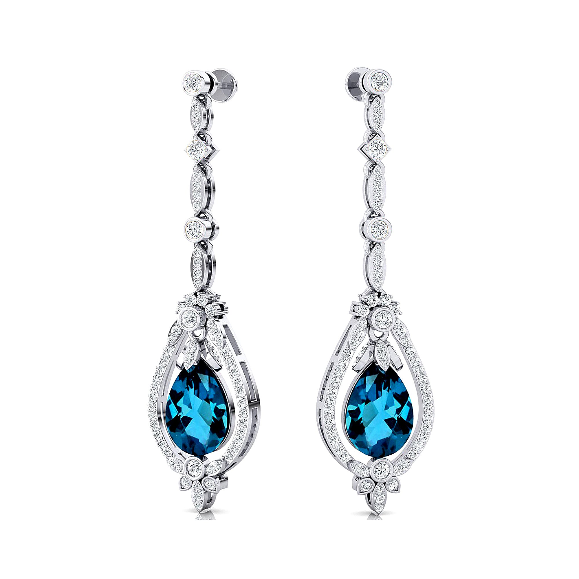 Art Deco Style Pear Shaped London Blue Topaz Diamond Drop Earrings - GeumJewels