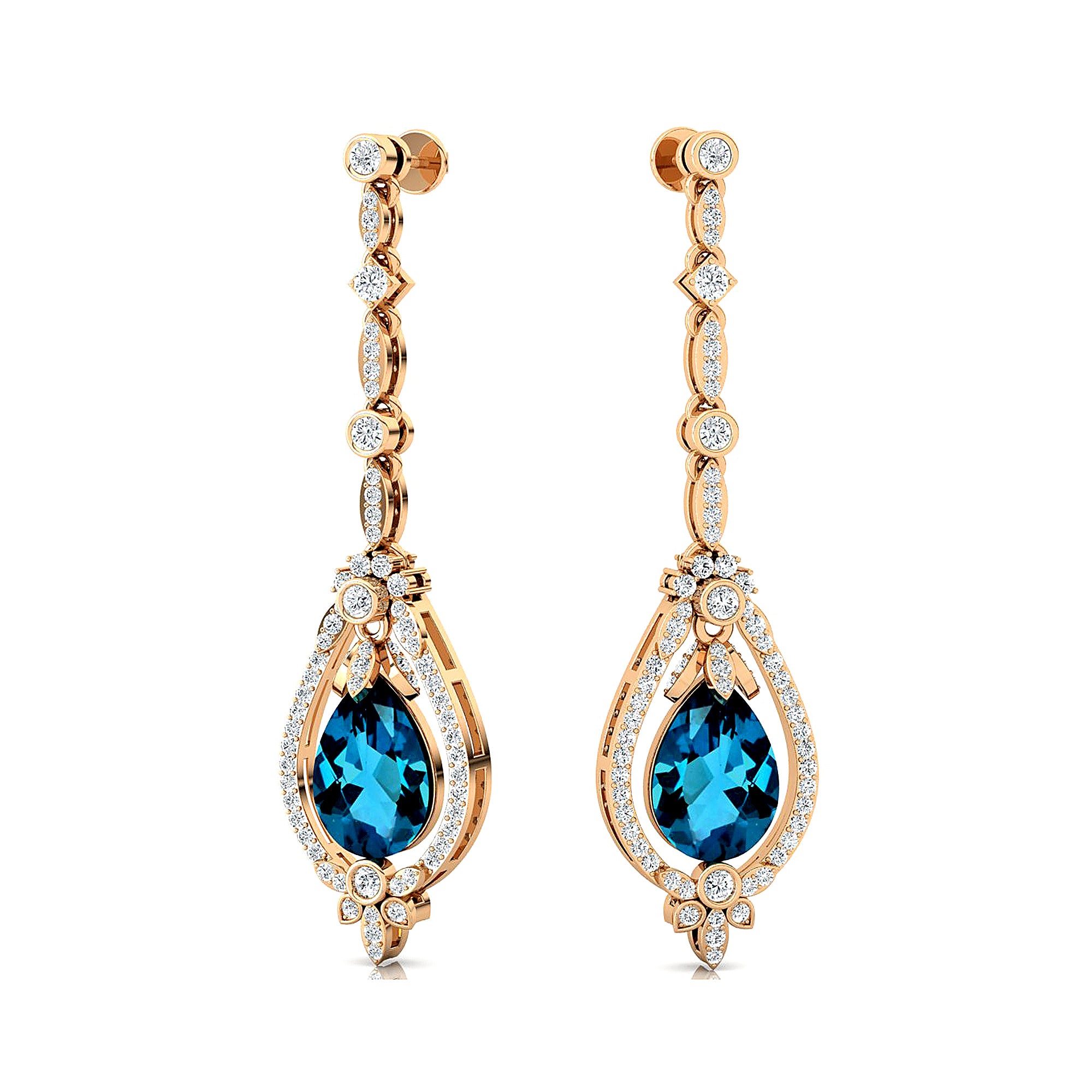 Art Deco Style Pear Shaped London Blue Topaz Diamond Drop Earrings - GeumJewels