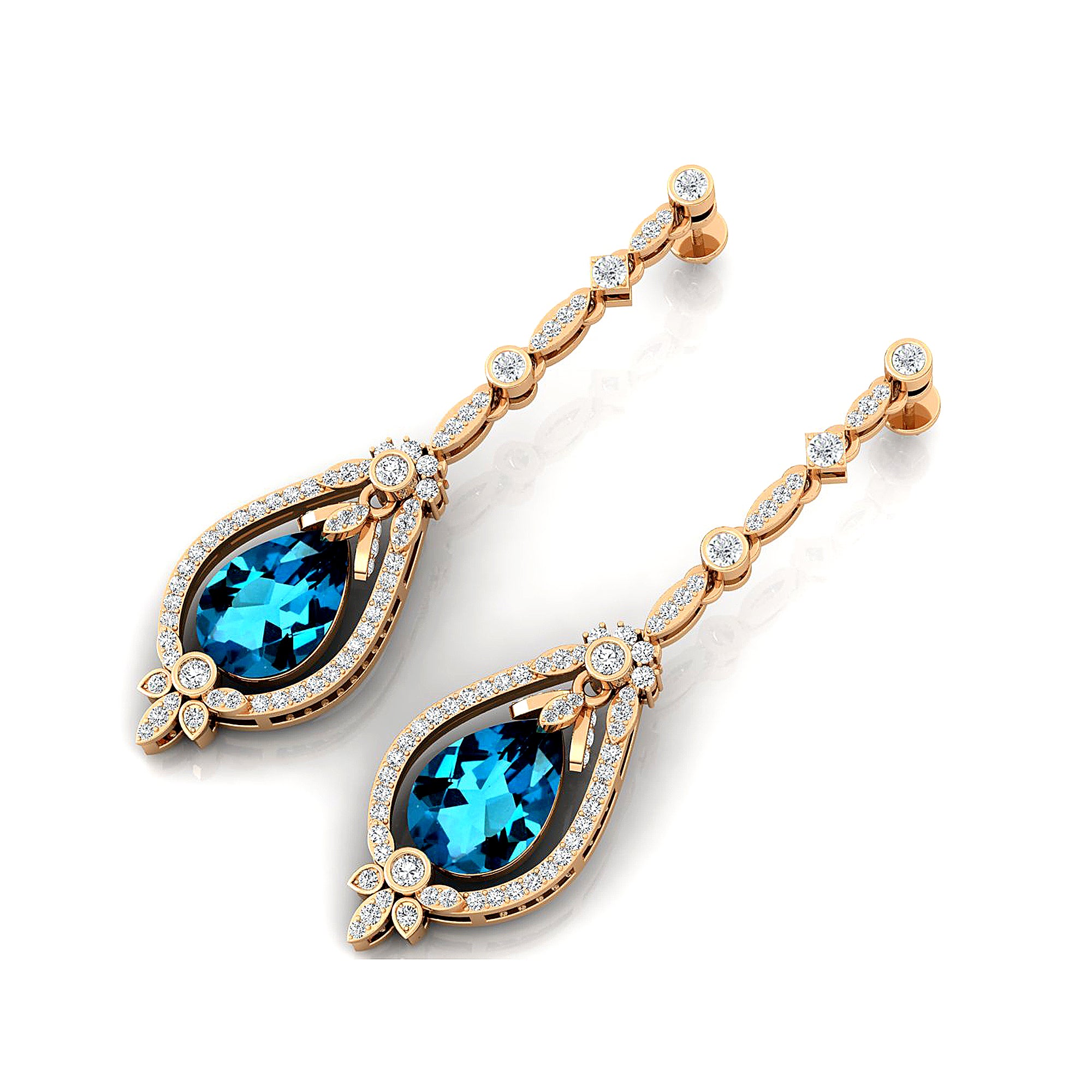 Art Deco Style Pear Shaped London Blue Topaz Diamond Drop Earrings - GeumJewels