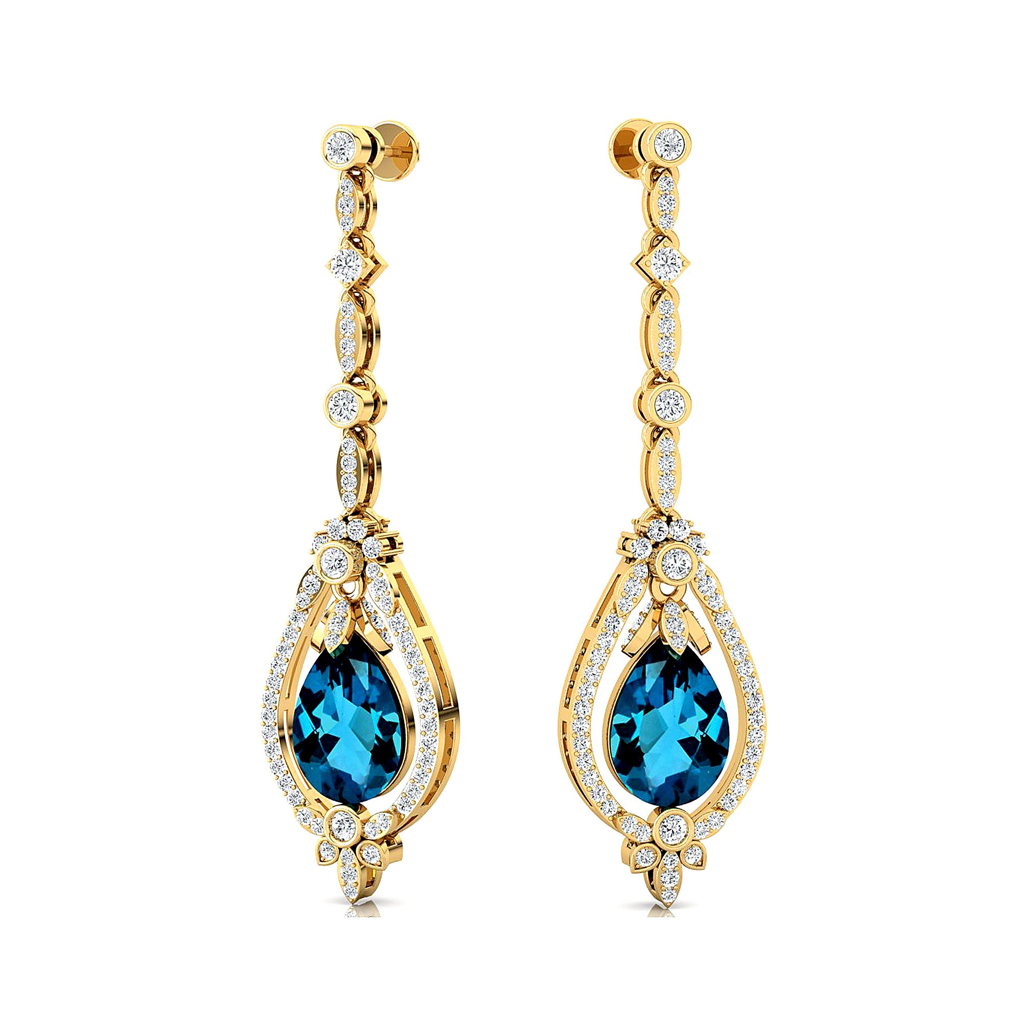 Art Deco Style Pear Shaped London Blue Topaz Diamond Drop Earrings - GeumJewels