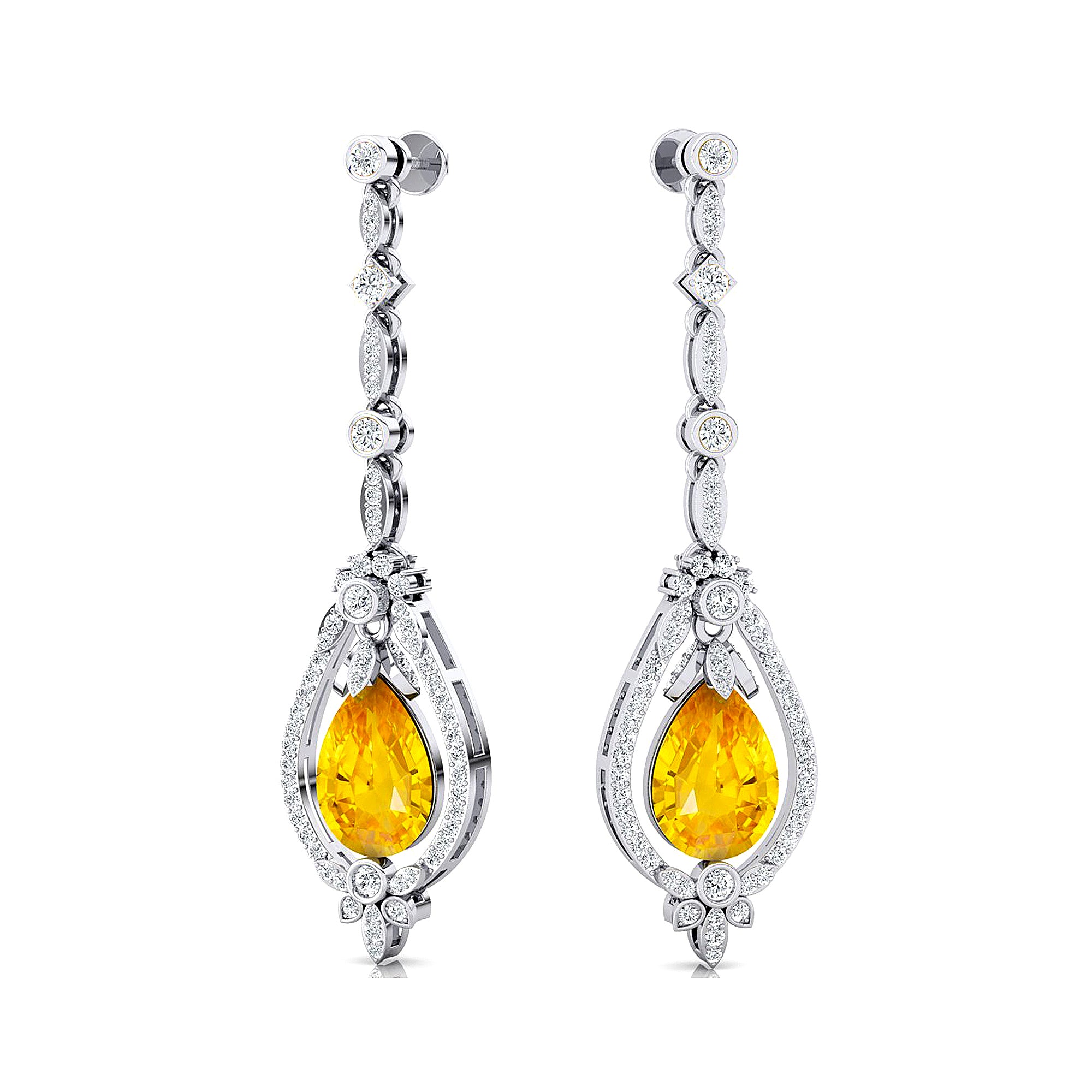 Art Deco Style Pear Shaped Yellow Sapphire Diamond Drop Earrings - GeumJewels