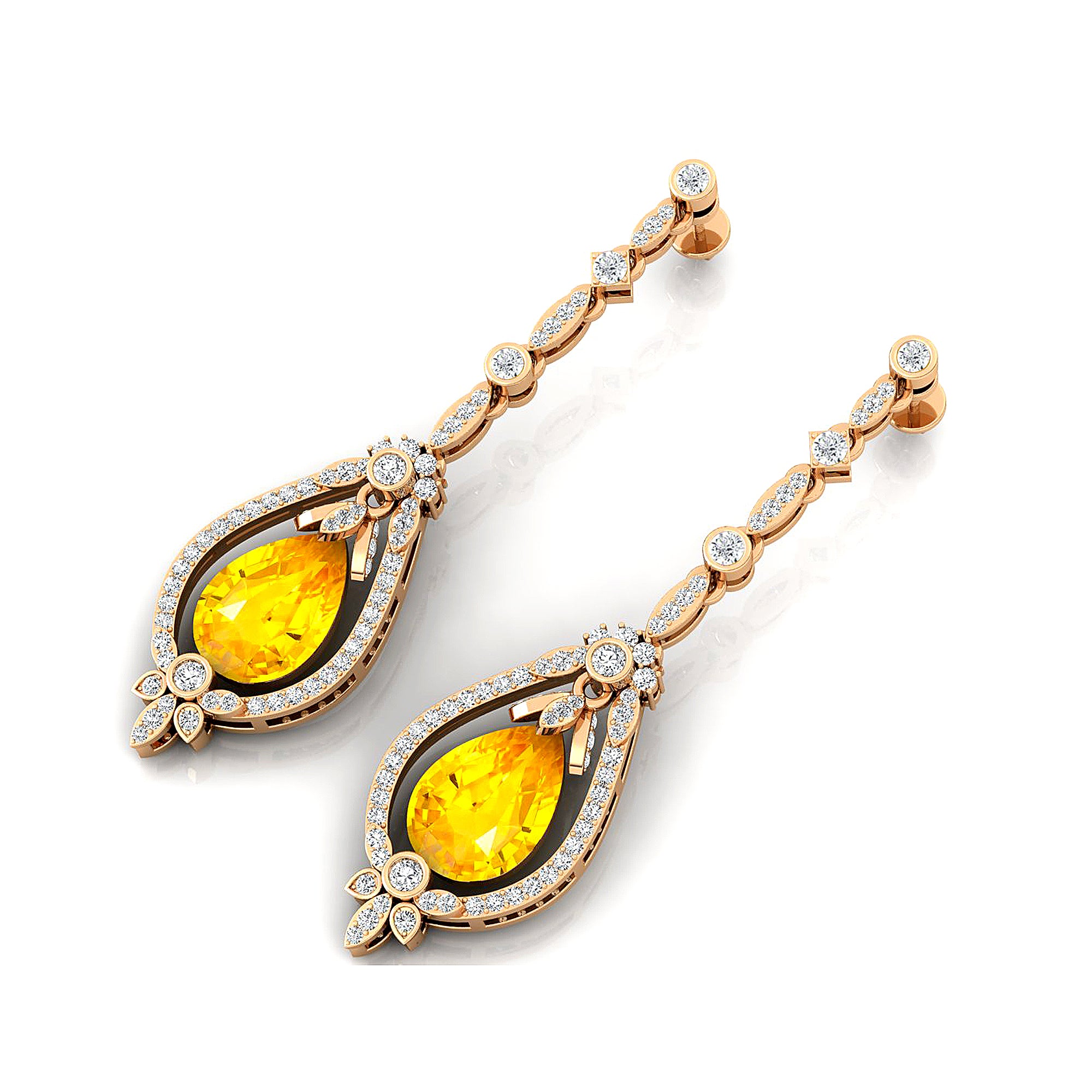 Art Deco Style Pear Shaped Yellow Sapphire Diamond Drop Earrings - GeumJewels