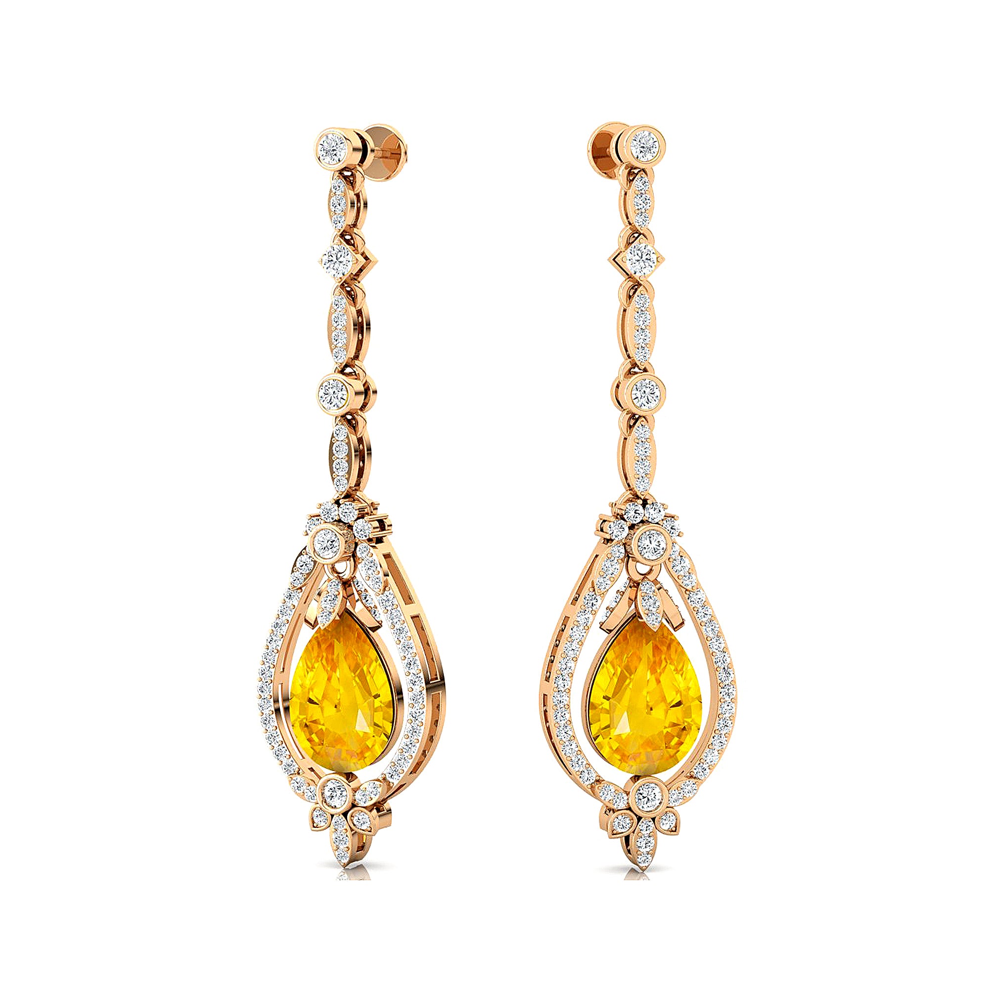 Art Deco Style Pear Shaped Yellow Sapphire Diamond Drop Earrings - GeumJewels