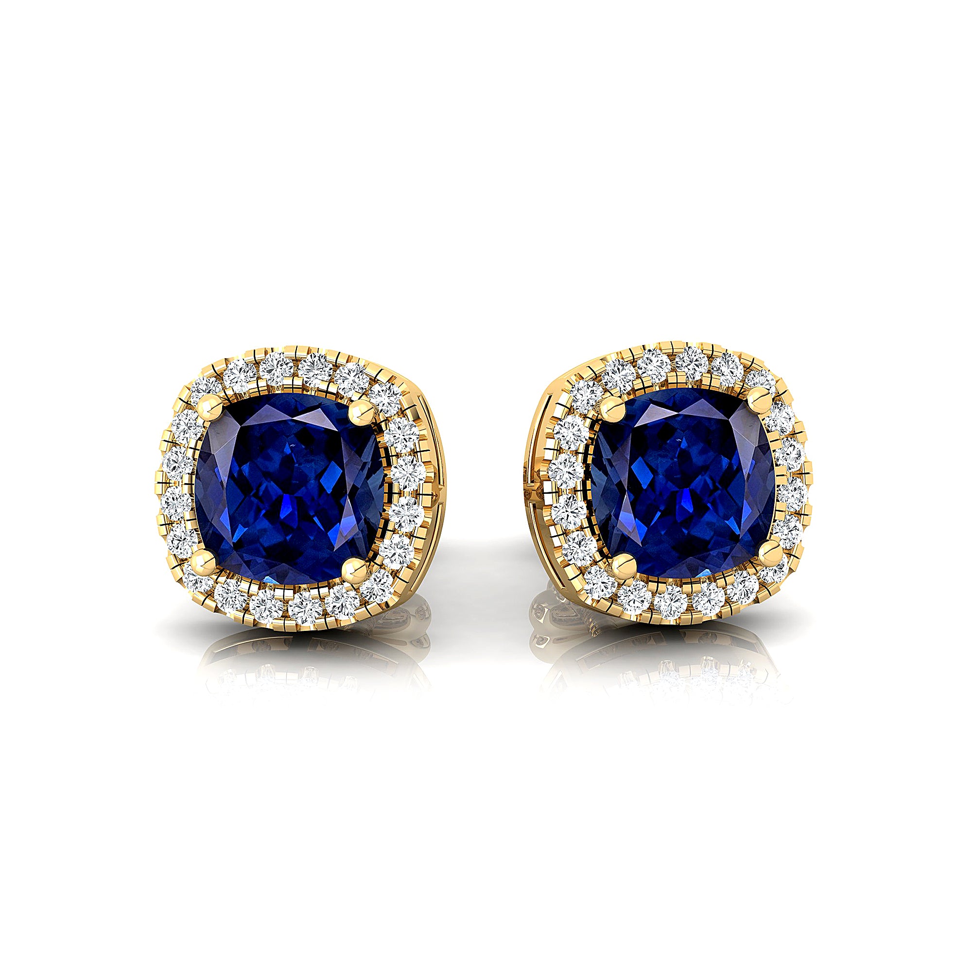 Cushion Cut Blue Sapphire Halo Diamond Stud Earrings - GeumJewels