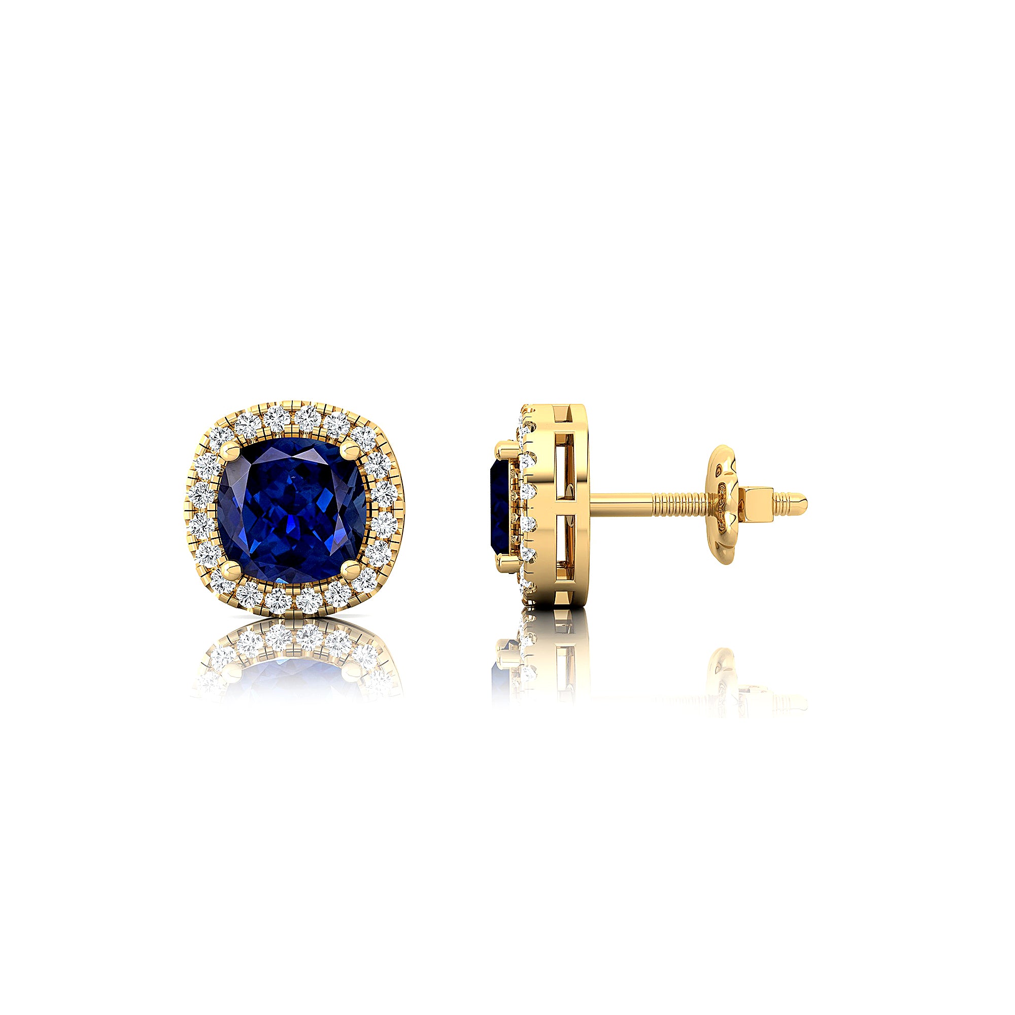 Cushion Cut Blue Sapphire Halo Diamond Stud Earrings - GeumJewels