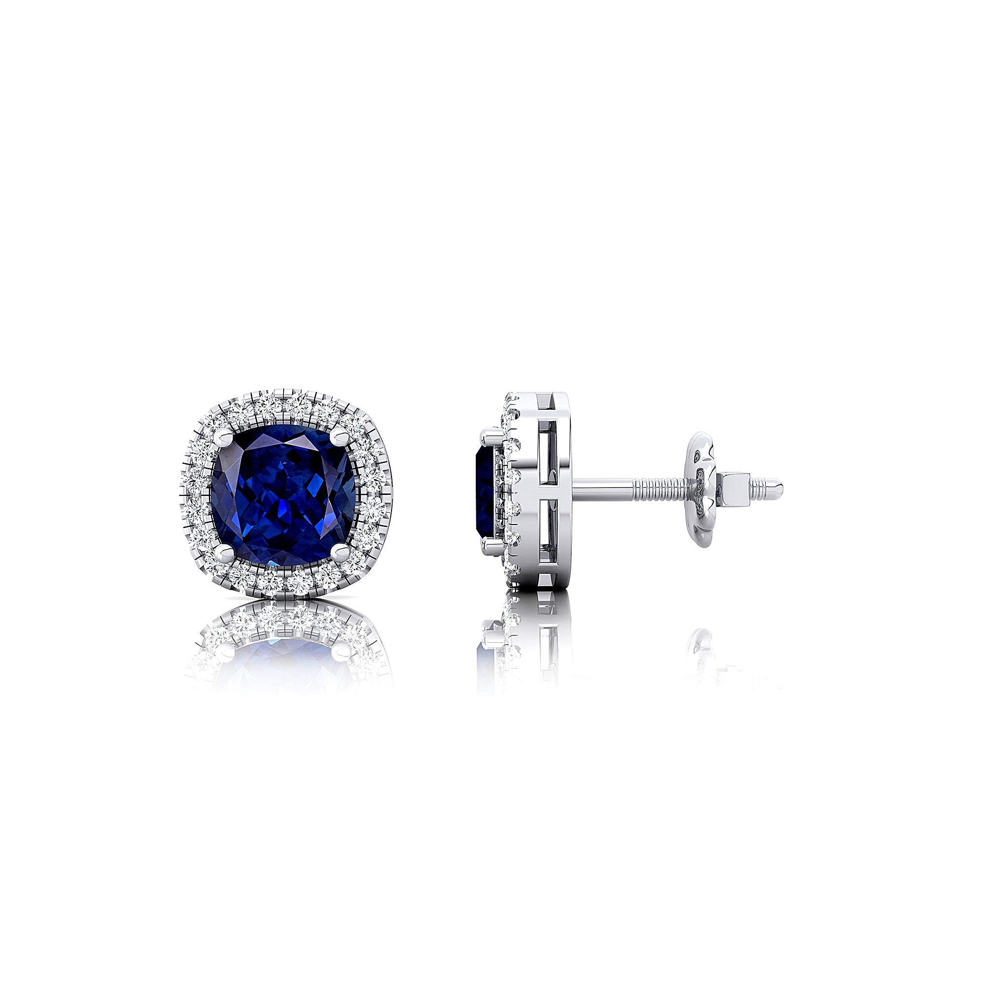 Cushion Cut Blue Sapphire Halo Diamond Stud Earrings - GeumJewels
