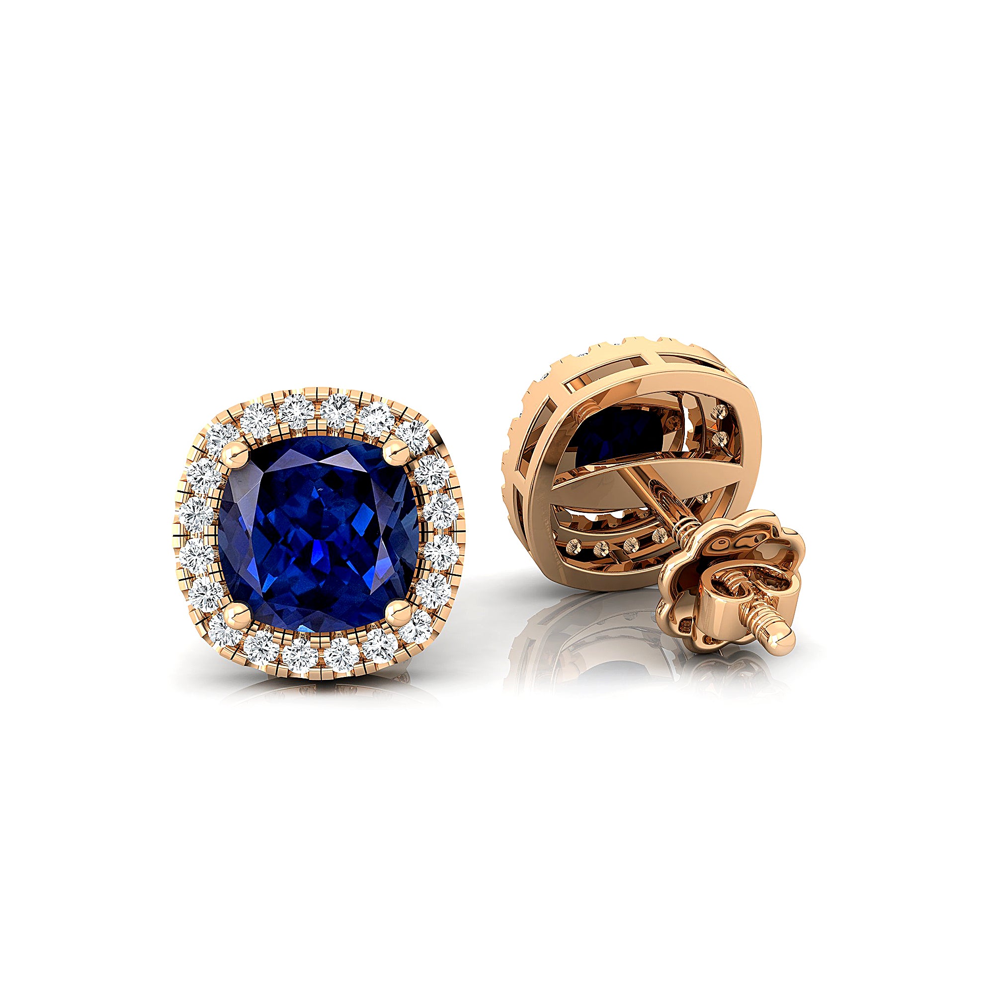 Cushion Cut Blue Sapphire Halo Diamond Stud Earrings - GeumJewels
