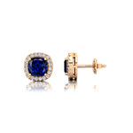 Cushion Cut Blue Sapphire Halo Diamond Stud Earrings - GeumJewels