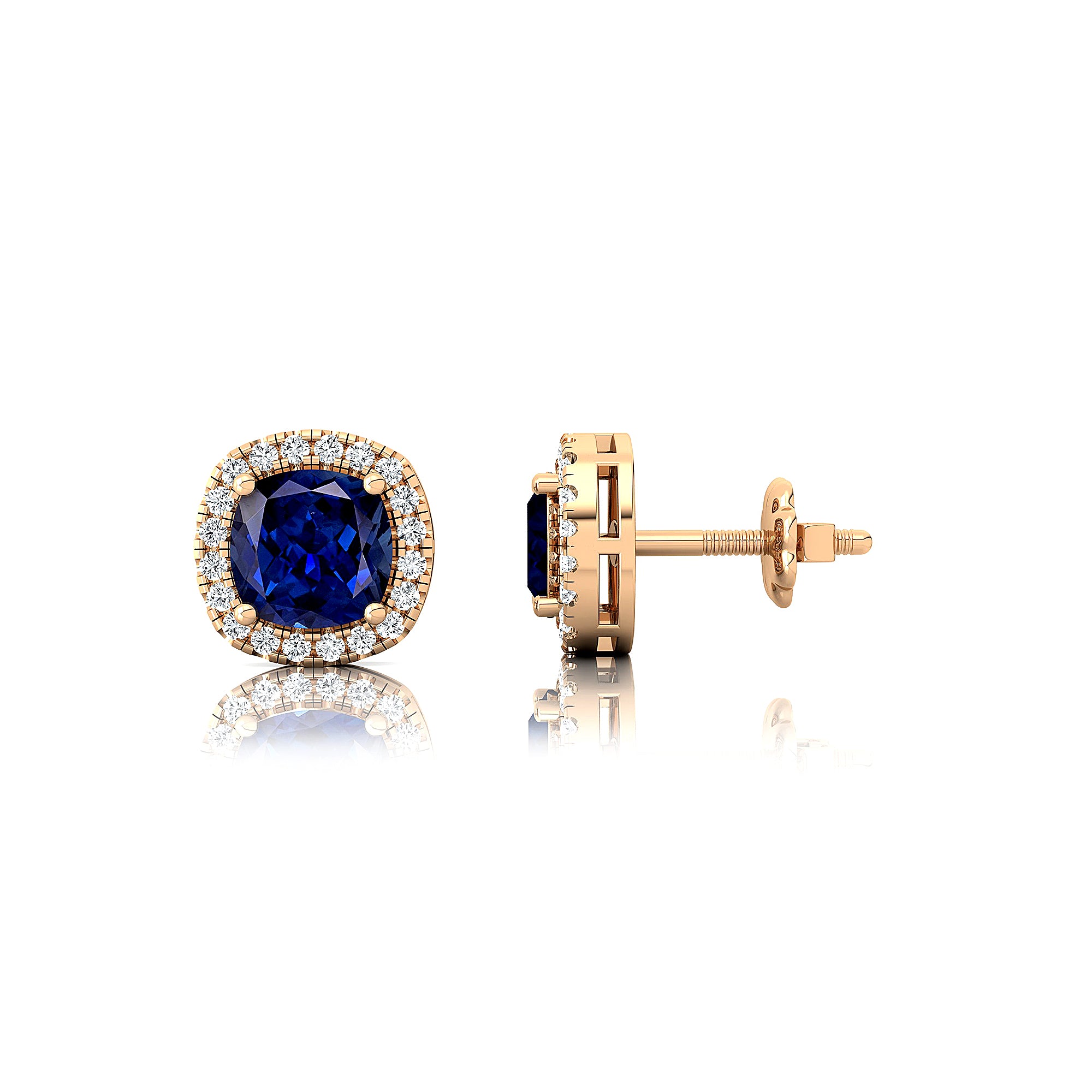 Cushion Cut Blue Sapphire Halo Diamond Stud Earrings - GeumJewels