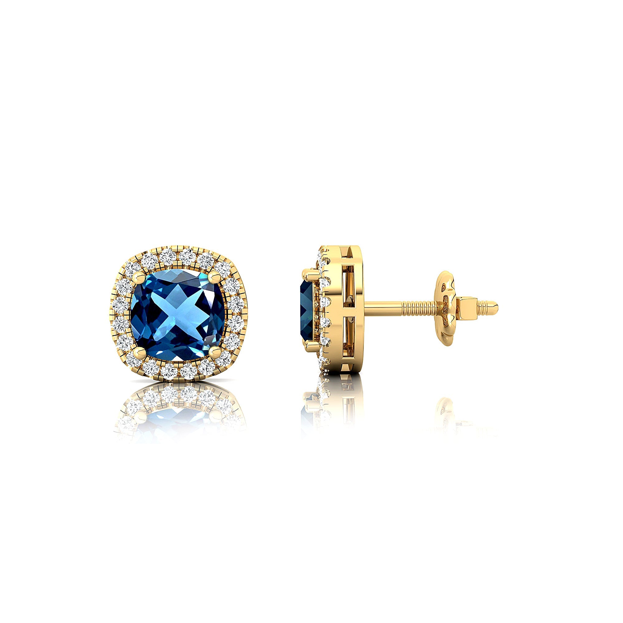 Cushion Cut London Blue Topaz Halo Diamond Stud Earrings - GeumJewels