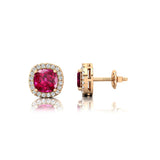 Cushion Cut Pink Sapphire Halo Diamond Stud Earrings - GeumJewels