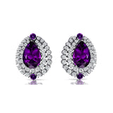 Double Halo Cluster Diamonds Teardrop Amethyst Stud Earrings - GeumJewels