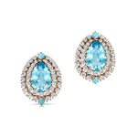 Double Halo Cluster Diamonds Teardrop Aquamarine Stud Earrings - GeumJewels