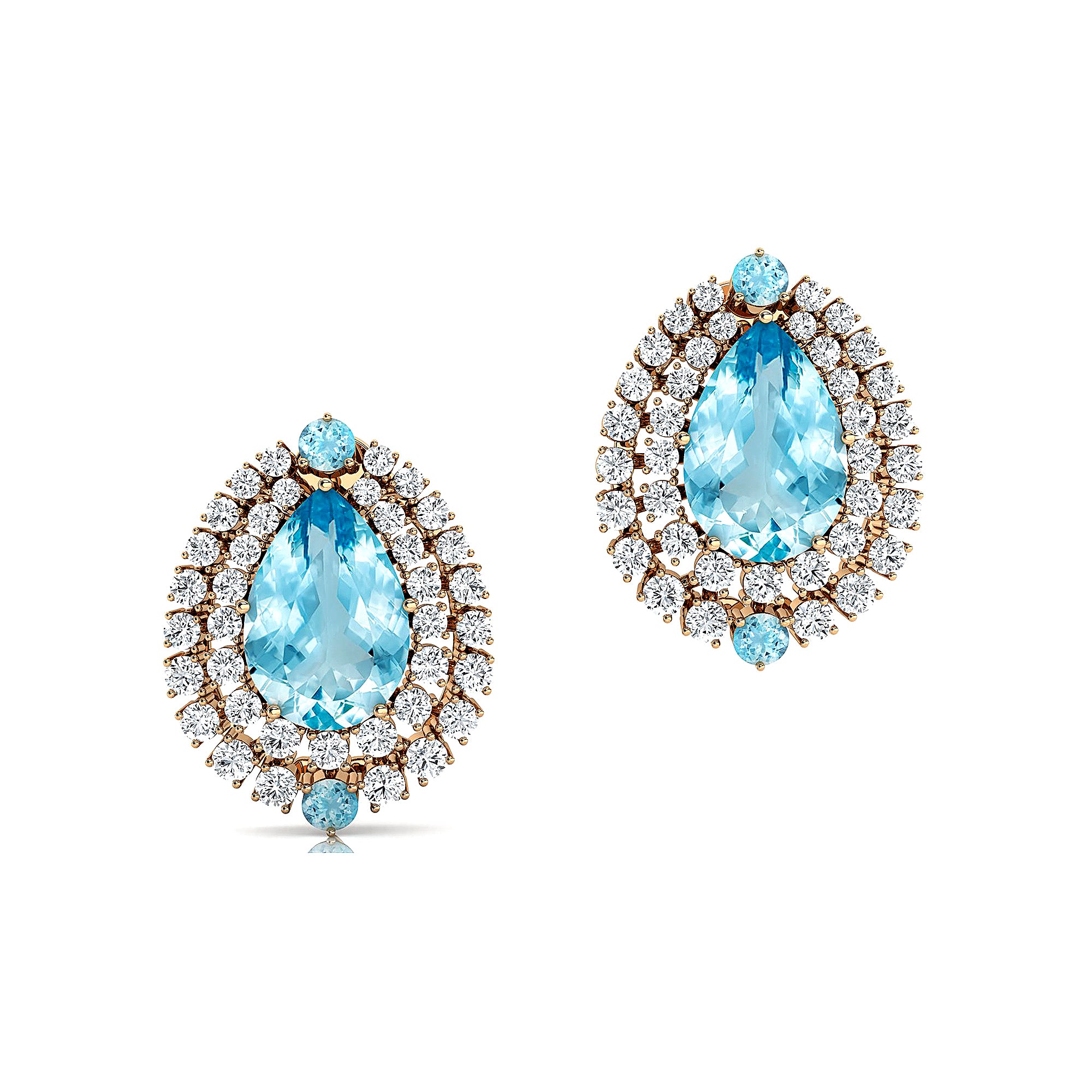 Double Halo Cluster Diamonds Teardrop Aquamarine Stud Earrings - GeumJewels