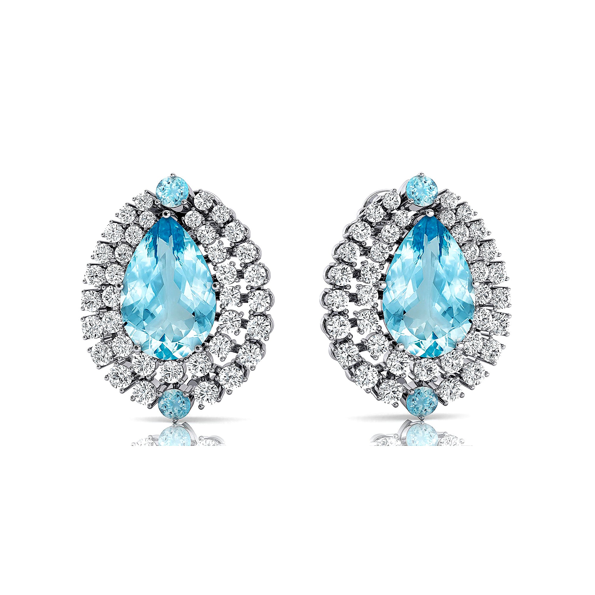 Double Halo Cluster Diamonds Teardrop Aquamarine Stud Earrings - GeumJewels
