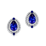 Double Halo Cluster Diamonds Teardrop Blue Sapphire Stud Earrings - GeumJewels