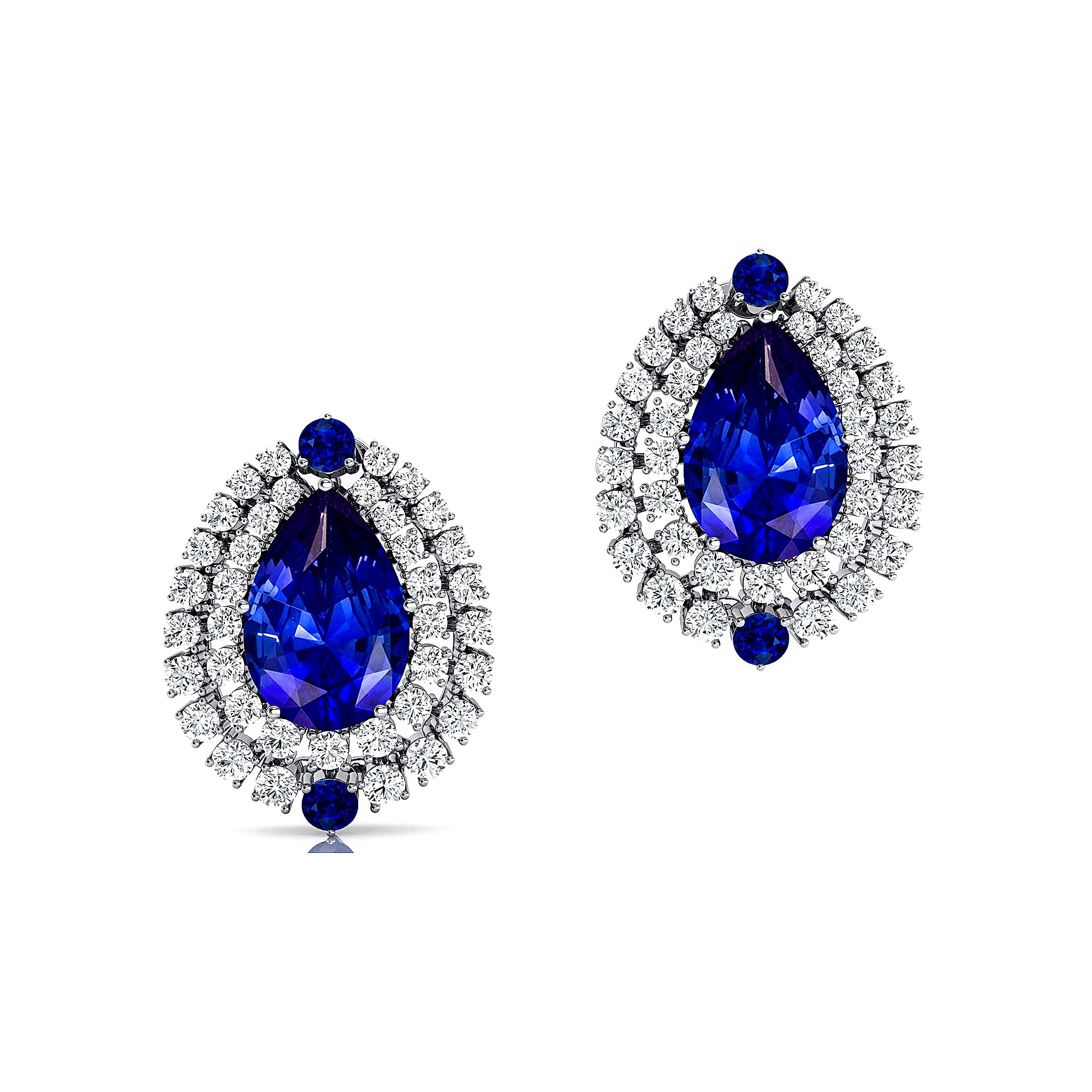 Double Halo Cluster Diamonds Teardrop Blue Sapphire Stud Earrings - GeumJewels
