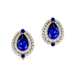 Double Halo Cluster Diamonds Teardrop Blue Sapphire Stud Earrings - GeumJewels