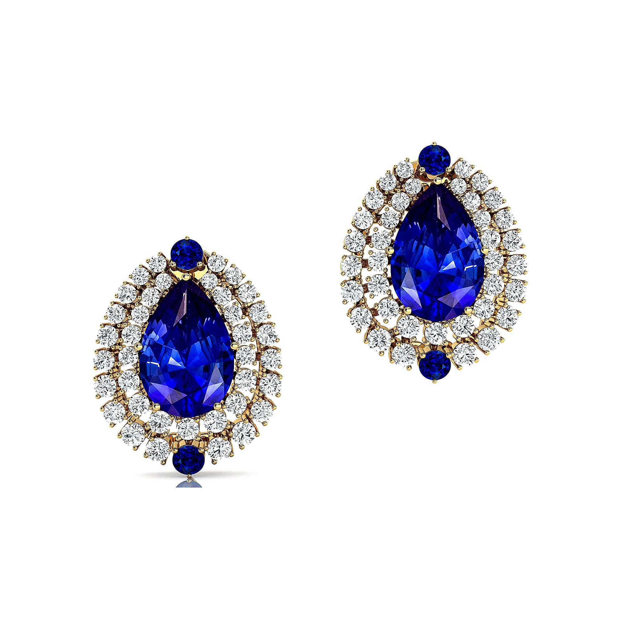 Double Halo Cluster Diamonds Teardrop Blue Sapphire Stud Earrings - GeumJewels