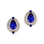 Double Halo Cluster Diamonds Teardrop Blue Sapphire Stud Earrings - GeumJewels