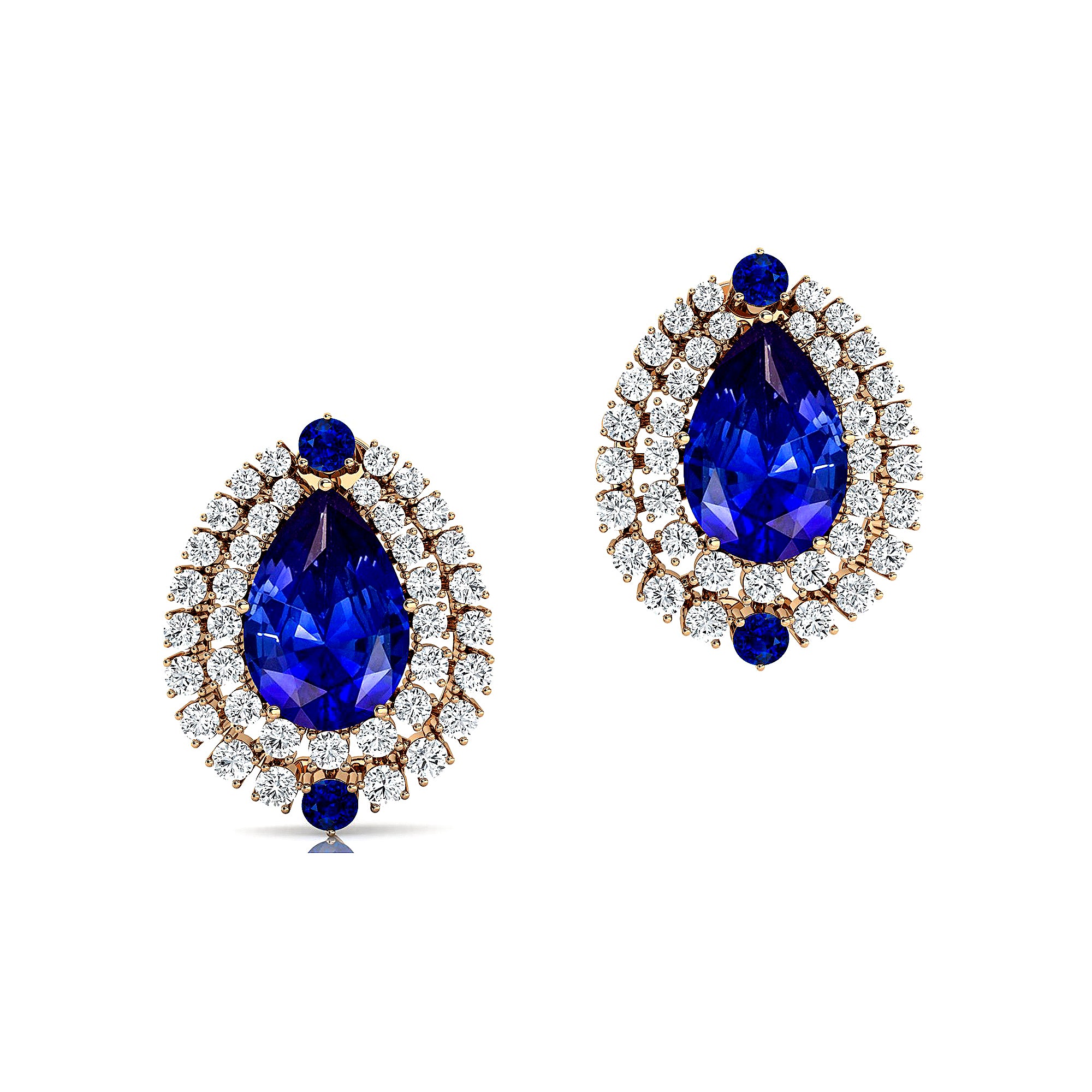 Double Halo Cluster Diamonds Teardrop Blue Sapphire Stud Earrings - GeumJewels
