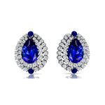 Double Halo Cluster Diamonds Teardrop Blue Sapphire Stud Earrings - GeumJewels