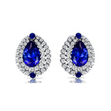 Double Halo Cluster Diamonds Teardrop Blue Sapphire Stud Earrings - GeumJewels
