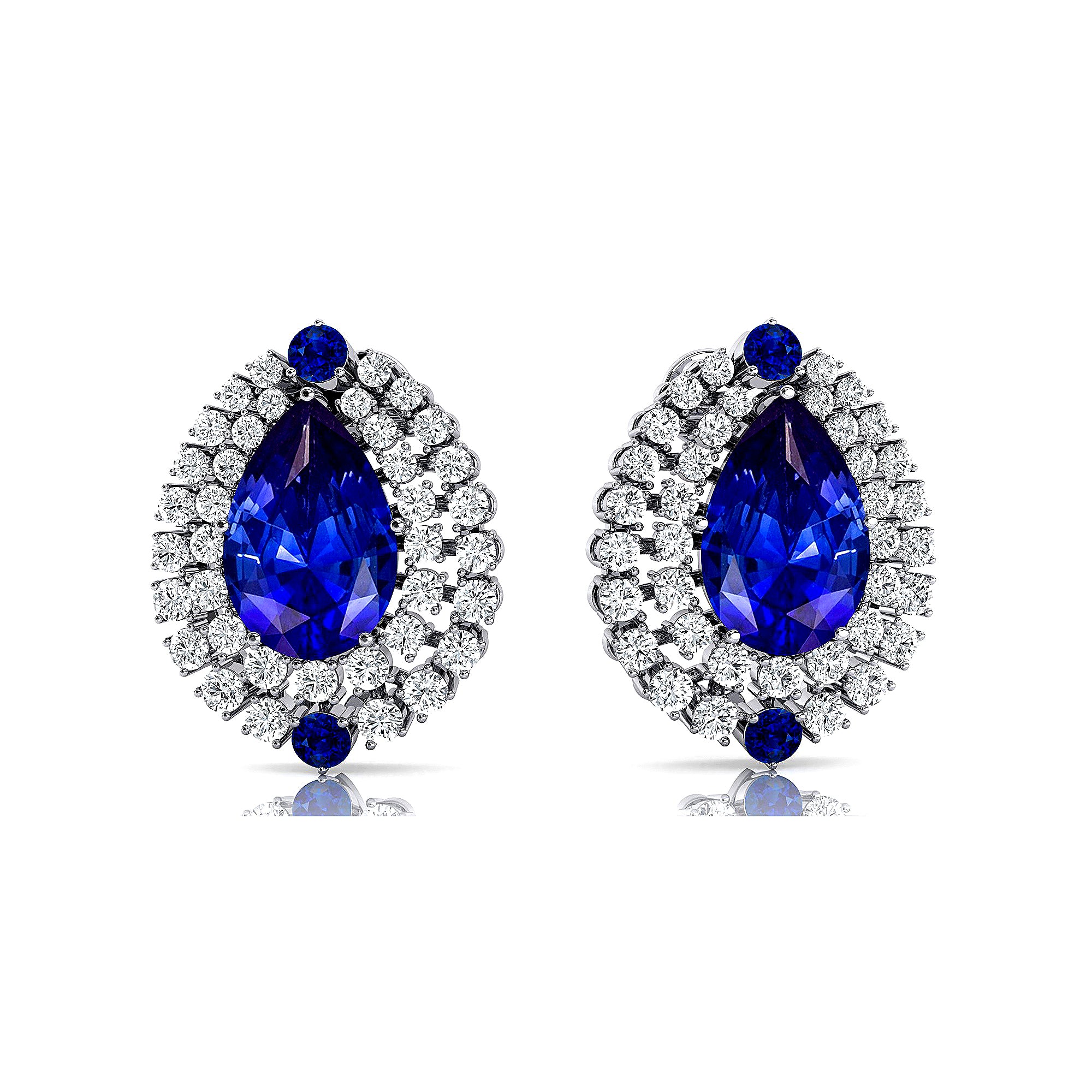 Double Halo Cluster Diamonds Teardrop Blue Sapphire Stud Earrings - GeumJewels