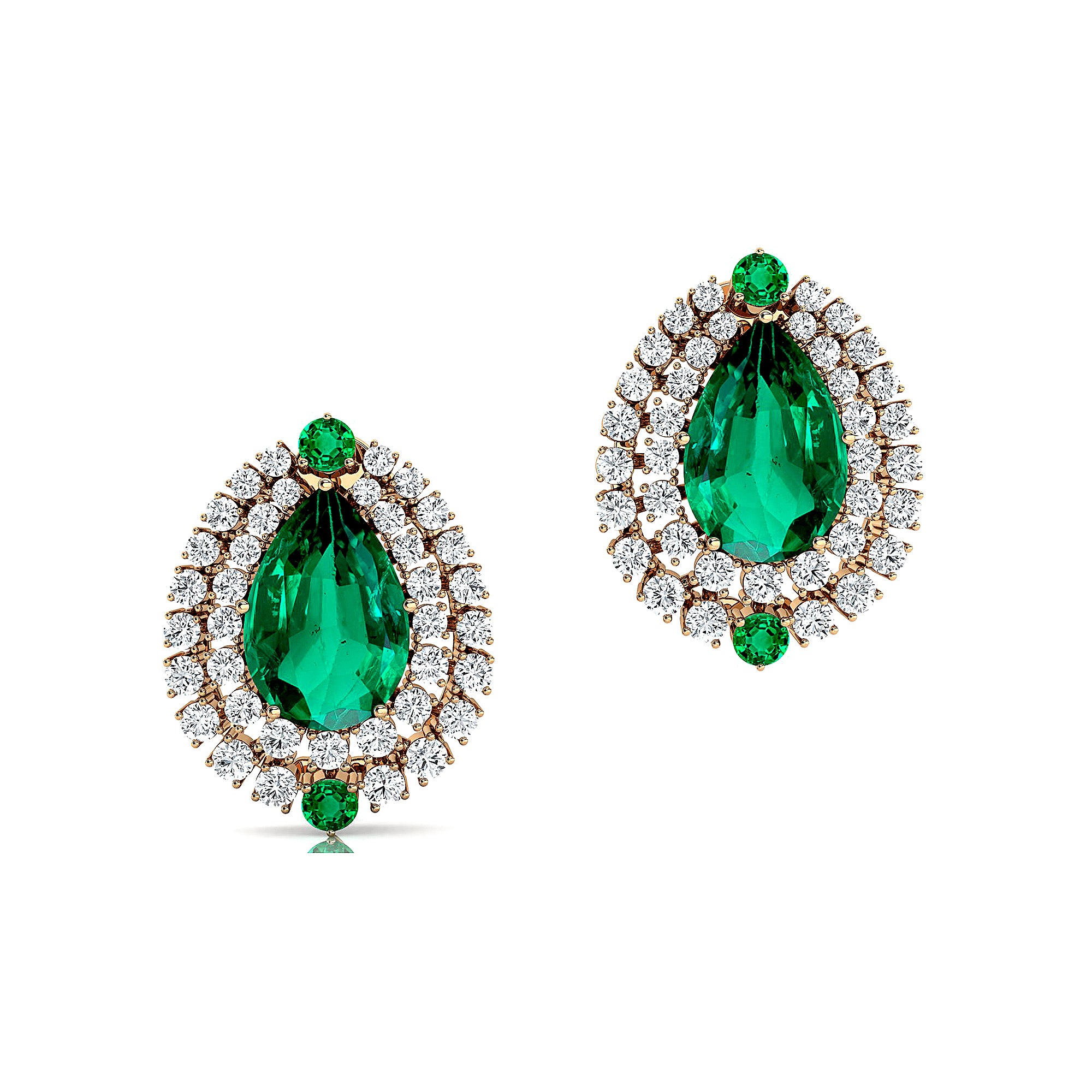 Double Halo Cluster Diamonds Teardrop Emerald Stud Earrings - GeumJewels