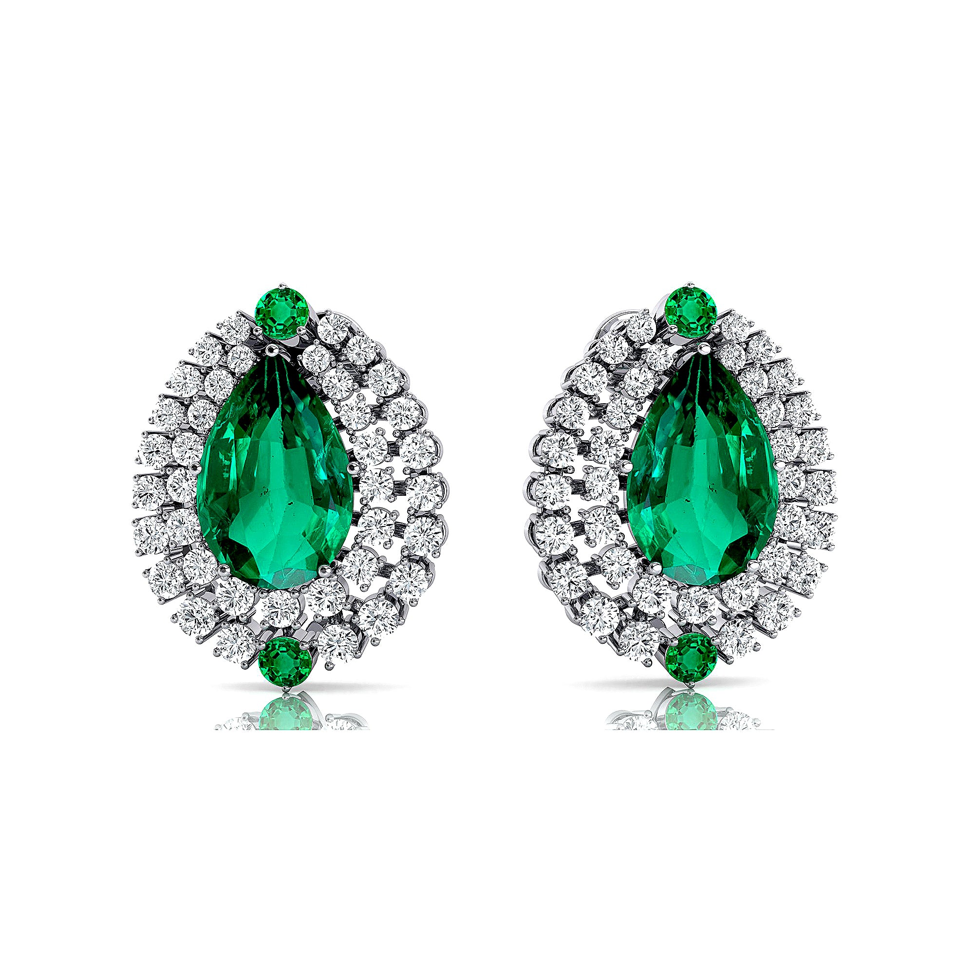 Double Halo Cluster Diamonds Teardrop Emerald Stud Earrings - GeumJewels