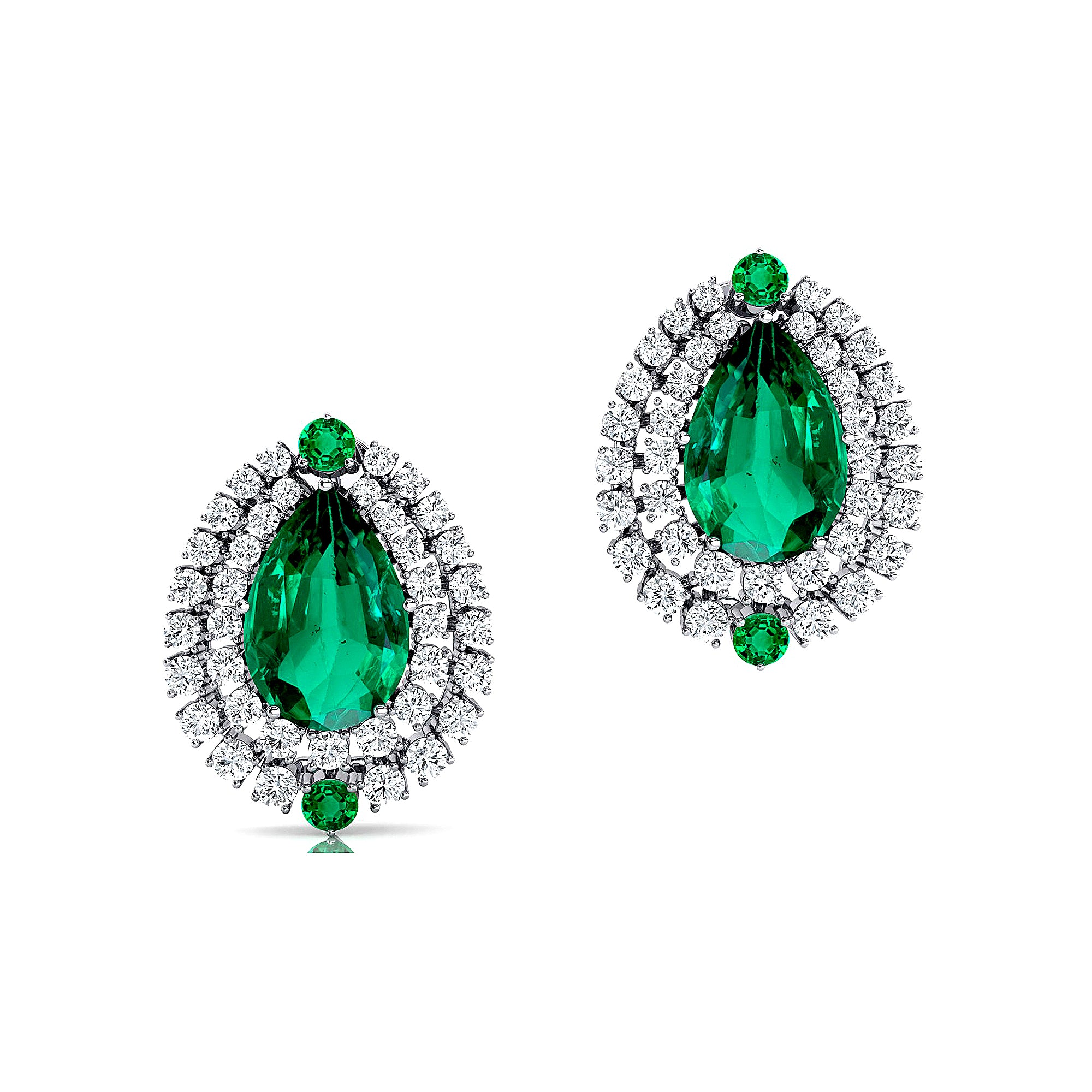 Double Halo Cluster Diamonds Teardrop Emerald Stud Earrings - GeumJewels