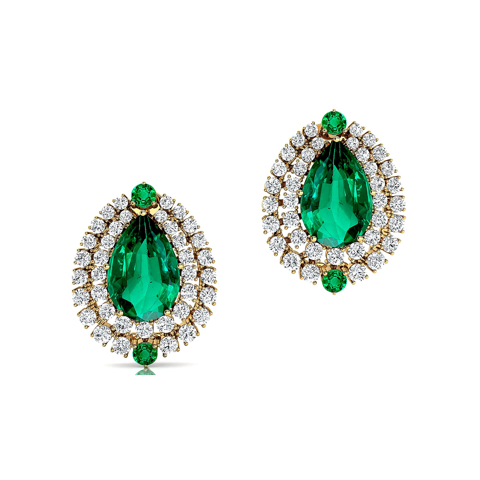 Double Halo Cluster Diamonds Teardrop Emerald Stud Earrings - GeumJewels