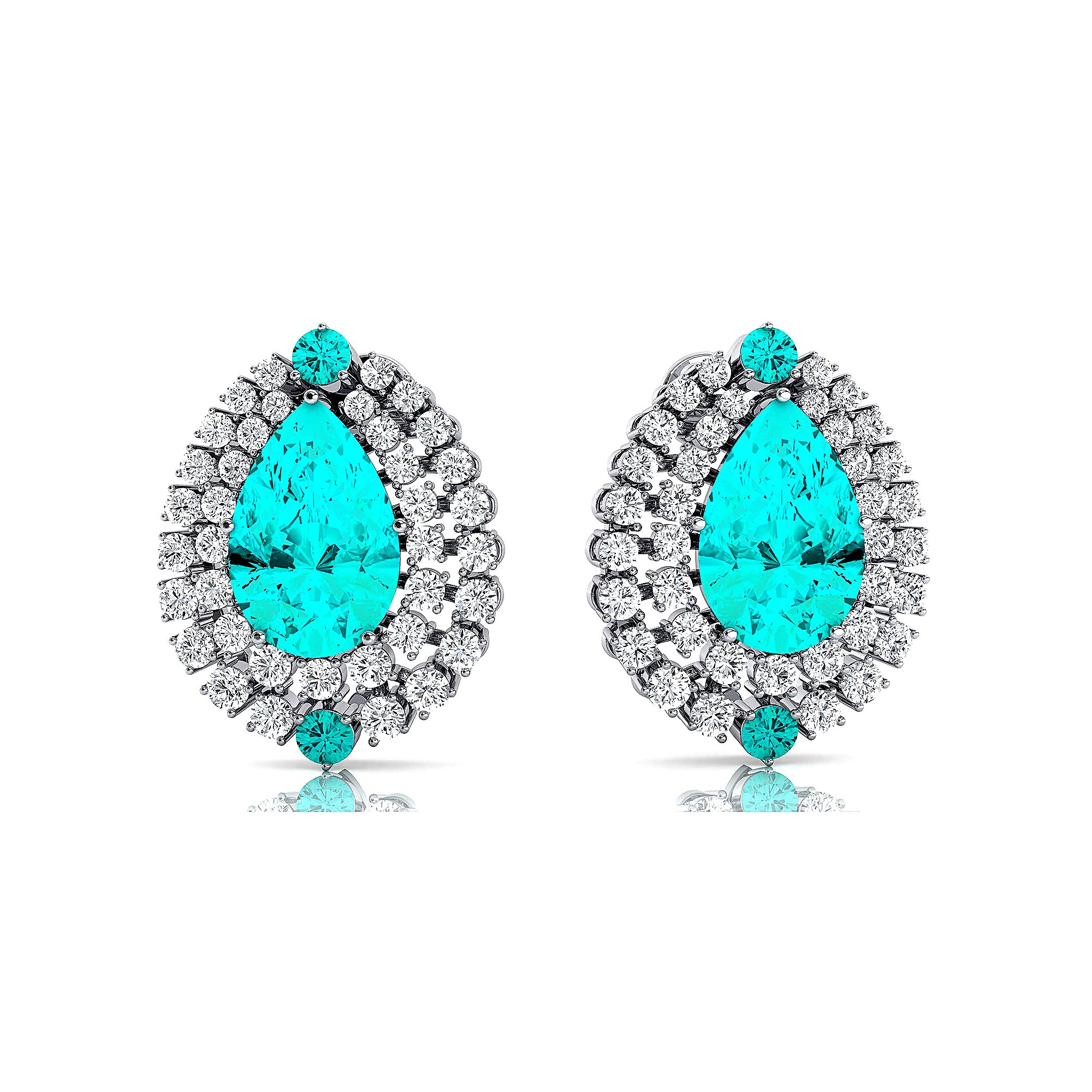 Double Halo Cluster Diamonds Teardrop Paraiba Tourmaline Stud Earrings - GeumJewels