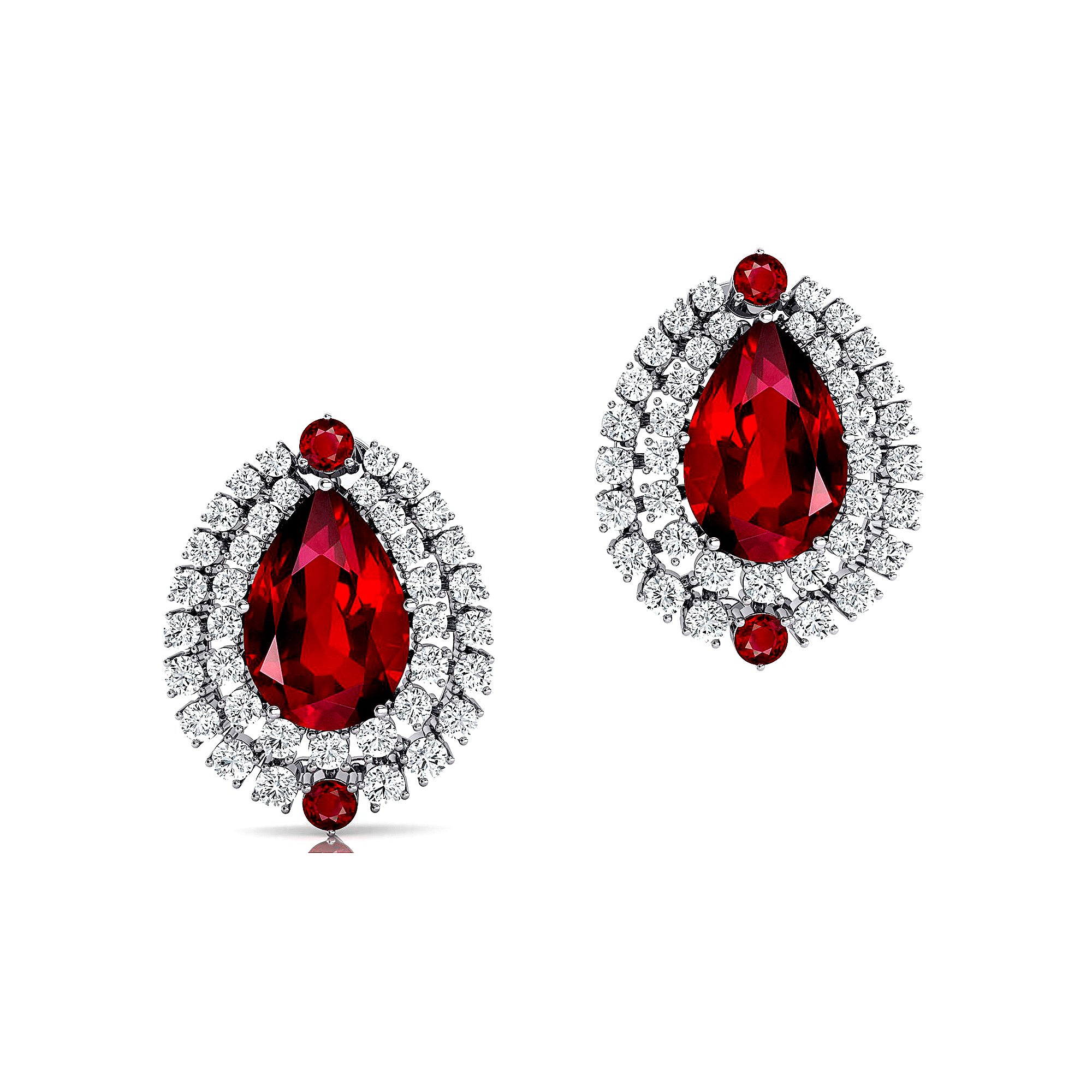 Double Halo Cluster Diamonds Teardrop Ruby Stud Earrings - GeumJewels