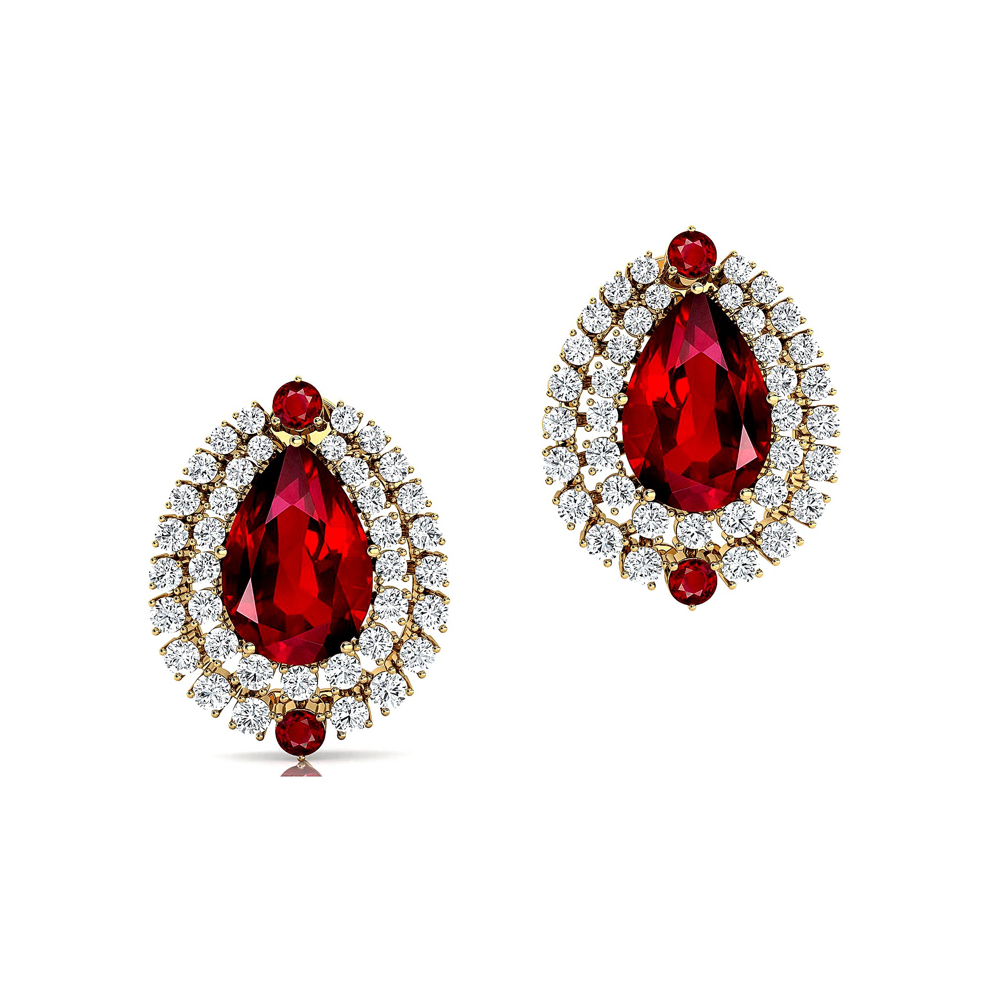 Double Halo Cluster Diamonds Teardrop Ruby Stud Earrings - GeumJewels