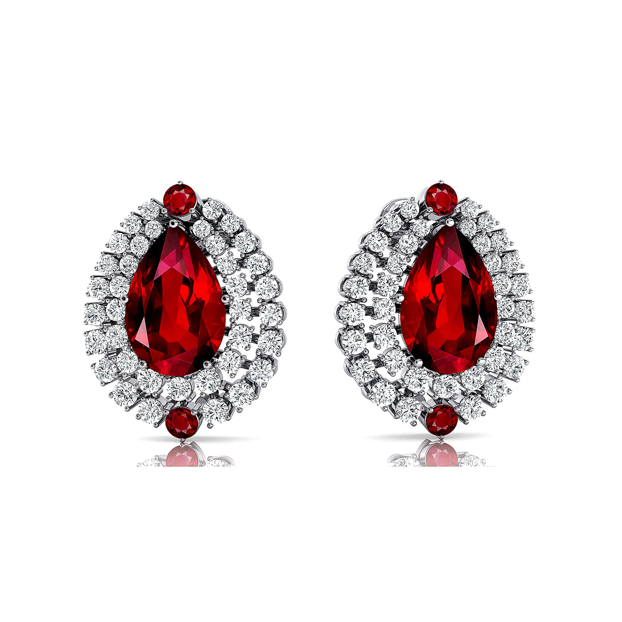 Double Halo Cluster Diamonds Teardrop Ruby Stud Earrings - GeumJewels