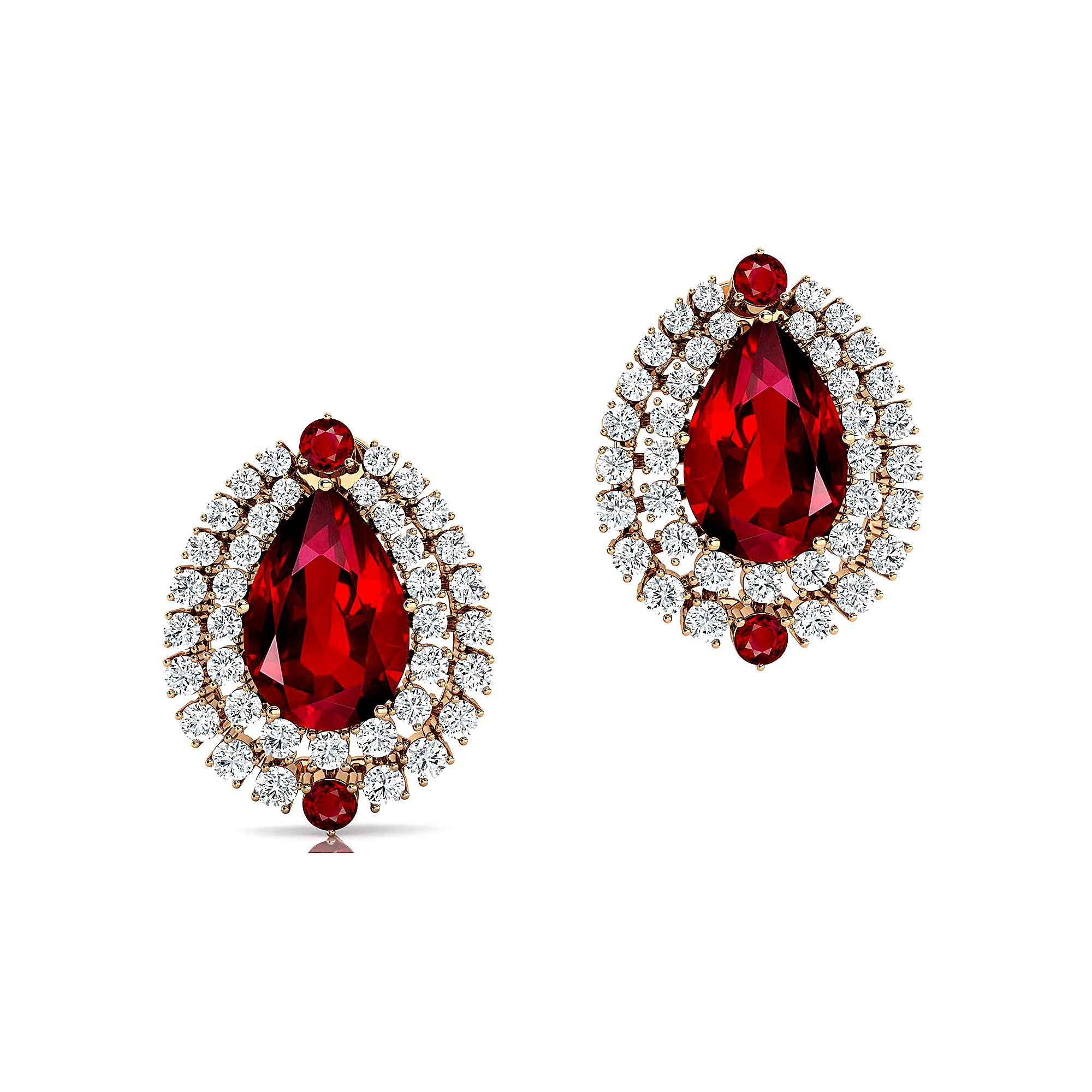 Double Halo Cluster Diamonds Teardrop Ruby Stud Earrings - GeumJewels