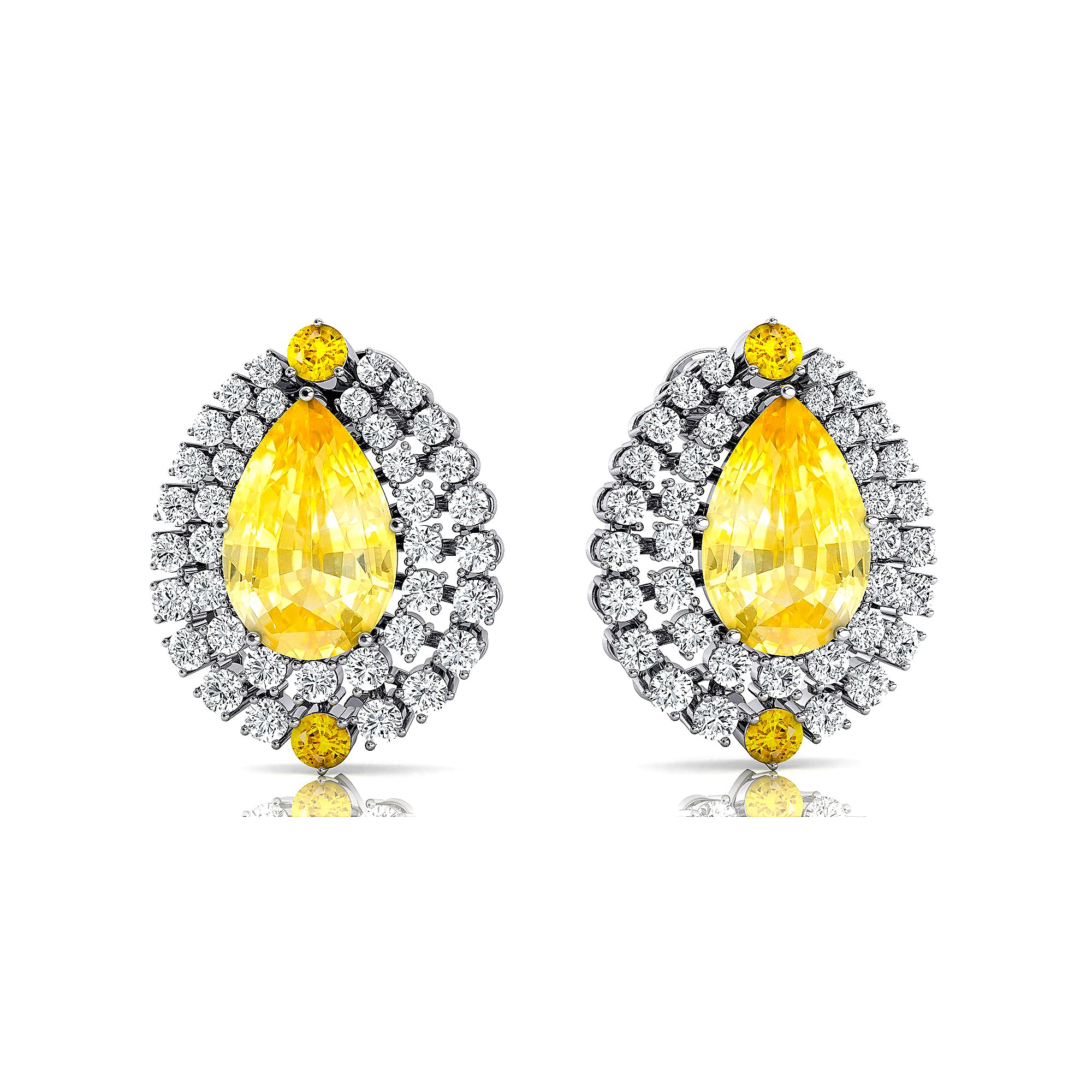 Double Halo Cluster Diamonds Teardrop Yellow Sapphire Stud Earrings - GeumJewels